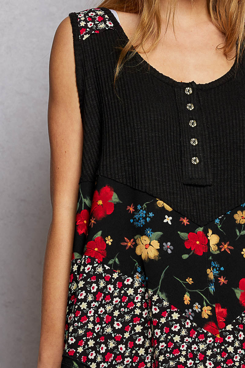 POL Round Neck Ribbed Tank with Woven Print Patch