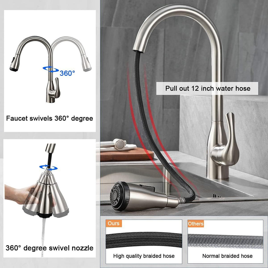 Single Handle High Arc Brushed Nickel Pull Out Kitchen Sink Faucet with 4 Spraying Modes,Single Level Stainless Steel with Pull Down Sprayer