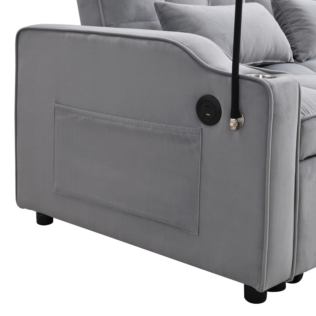 Modern Velvet Loveseat Futon Sofa Couch with Pullout Bed, Adjustable Backrest, Toss Pillows, Light Gray