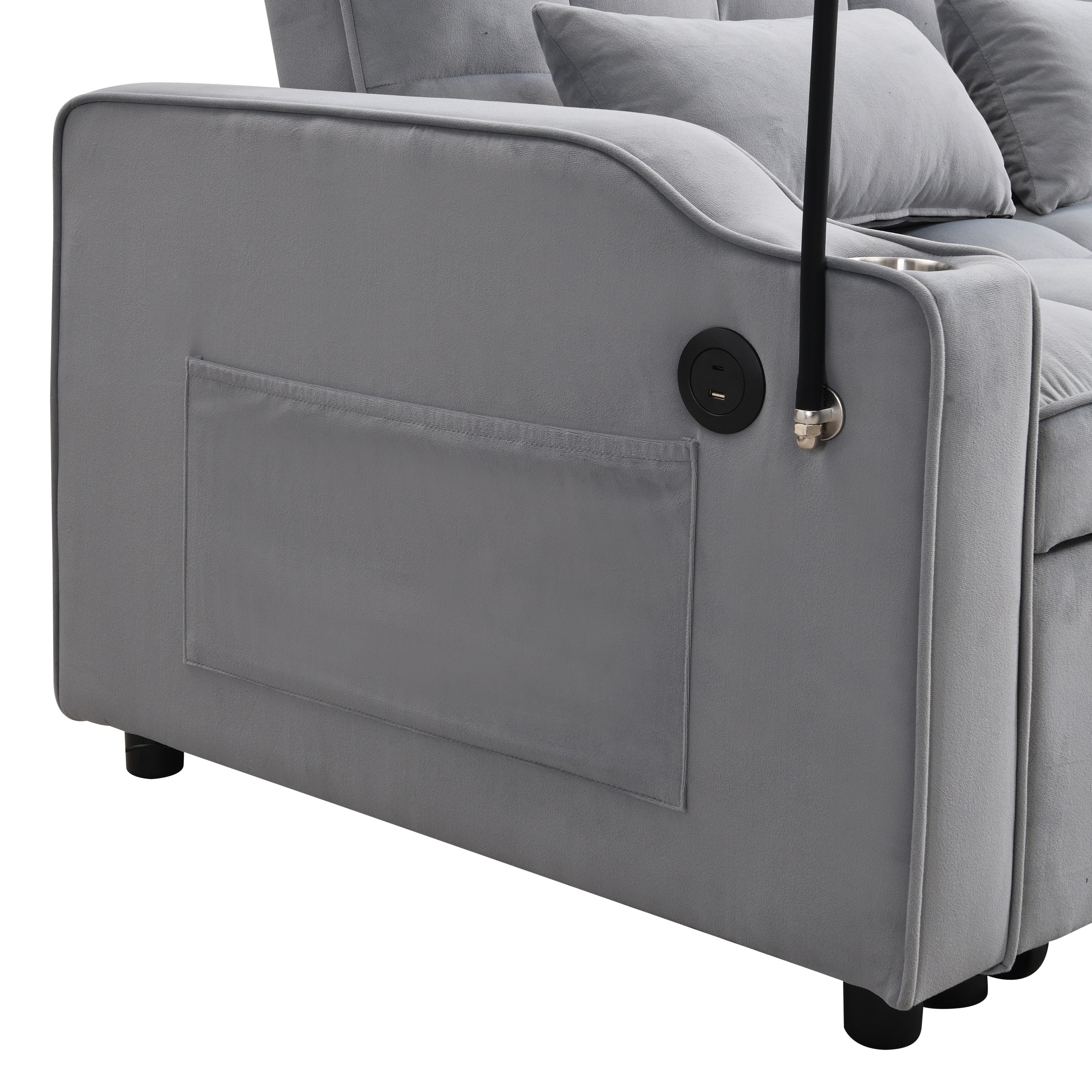 Modern Velvet Loveseat Futon Sofa Couch with Pullout Bed, Adjustable Backrest, Toss Pillows, Light Gray