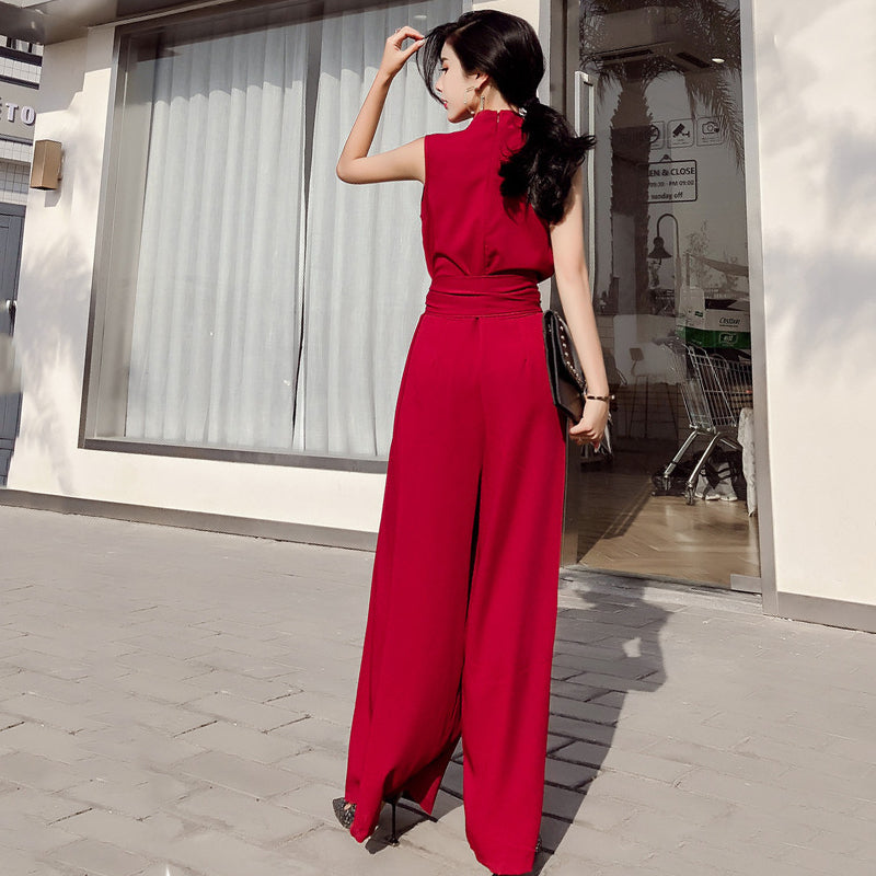 Chicever Women's V-Neck Wide-Leg Jumpsuit with Bow
