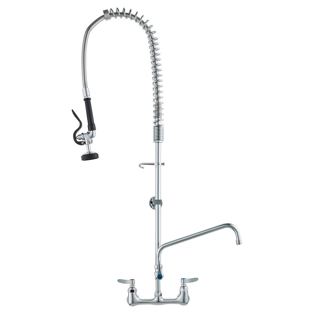 Commercial Faucet with Pre-Rinse Sprayer, 44' Height, 8' Center, 12' Swing Spout, Wall Mount Kitchen Sink Faucet, Brass Constructed Device with Pull Down Spray, for 1/2/3 Compartment Sink