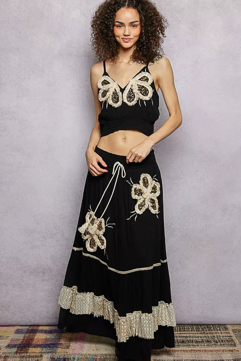 POL Embroidered Fringe V-Neck Cropped Cami