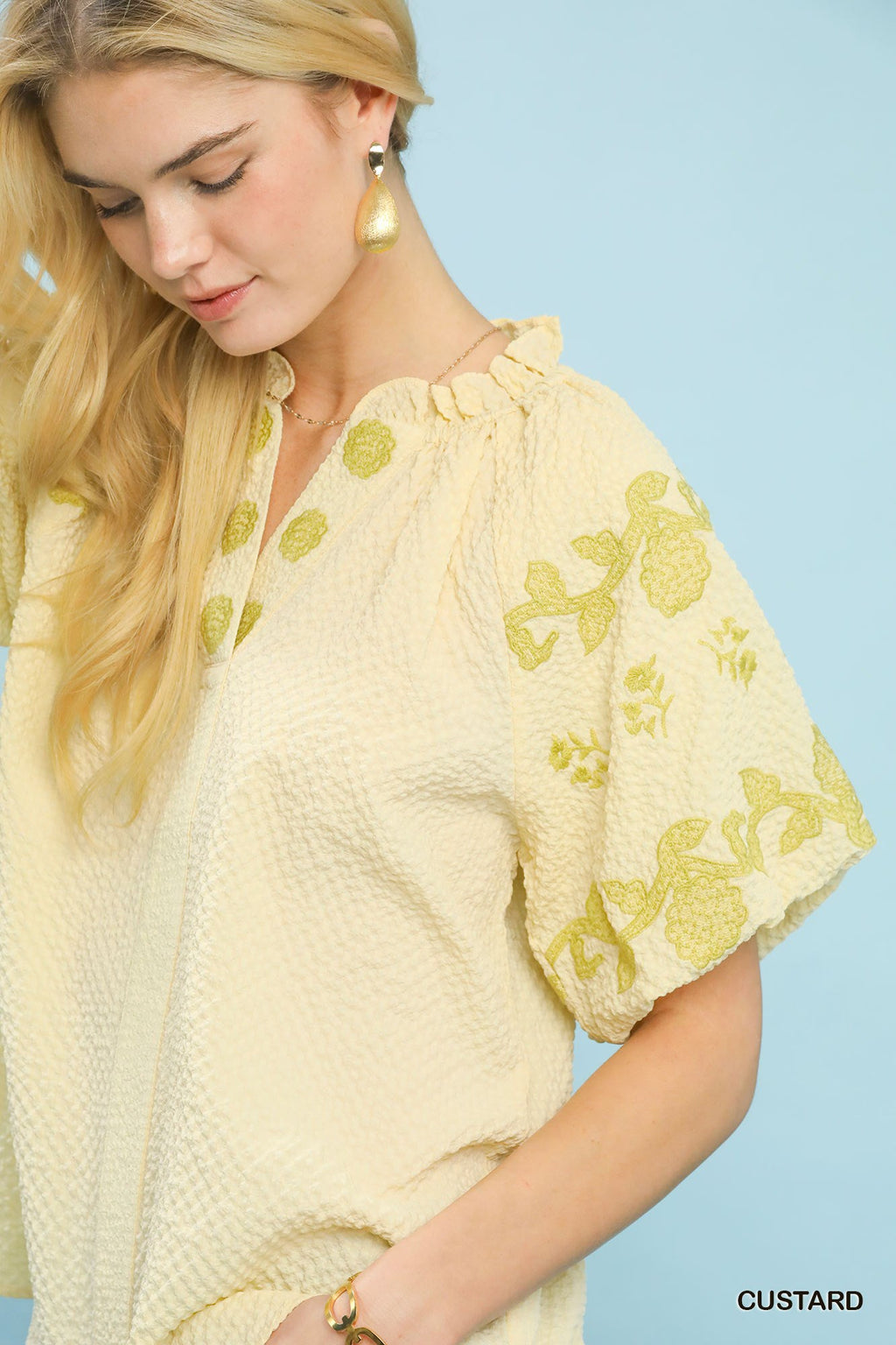 Umgee Embroidered Textured Flutter Sleeve Top