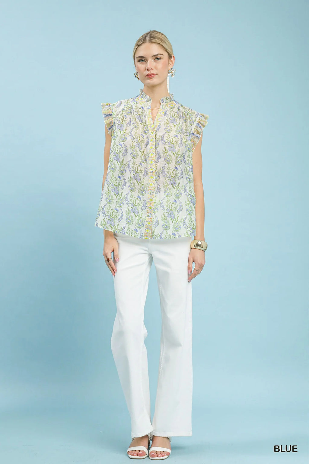 Umgee Floral Print Flutter Sleeve Split Neck Top