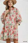 Umgee Mix Floral Print Smocked Cuff Mini Dress