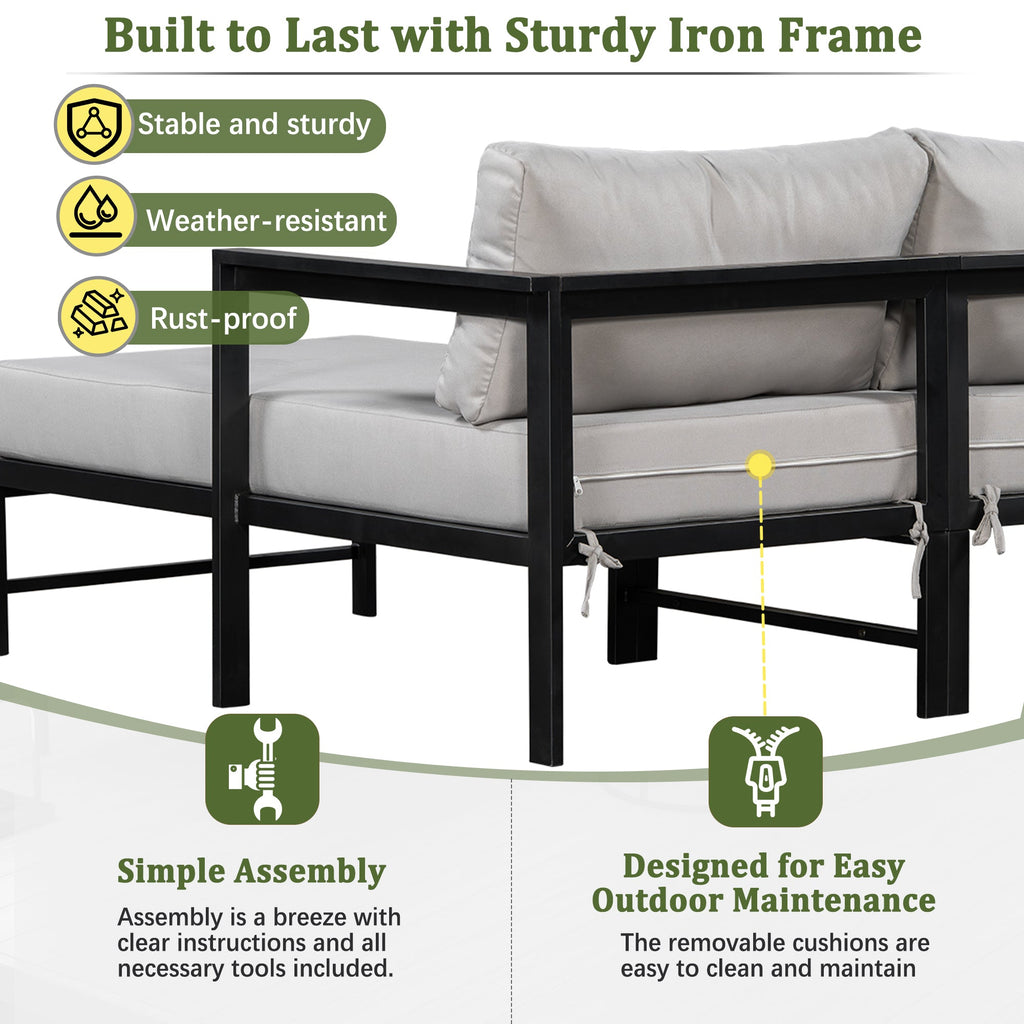 U_style Outdoor L-Shaped Sofa with Iron Frame,Weather-Resistant Patio Sofa Set with Ultra-Thick Cushions,Comfortable Seating for 3,Ideal for Patio, Balcony,and Garden