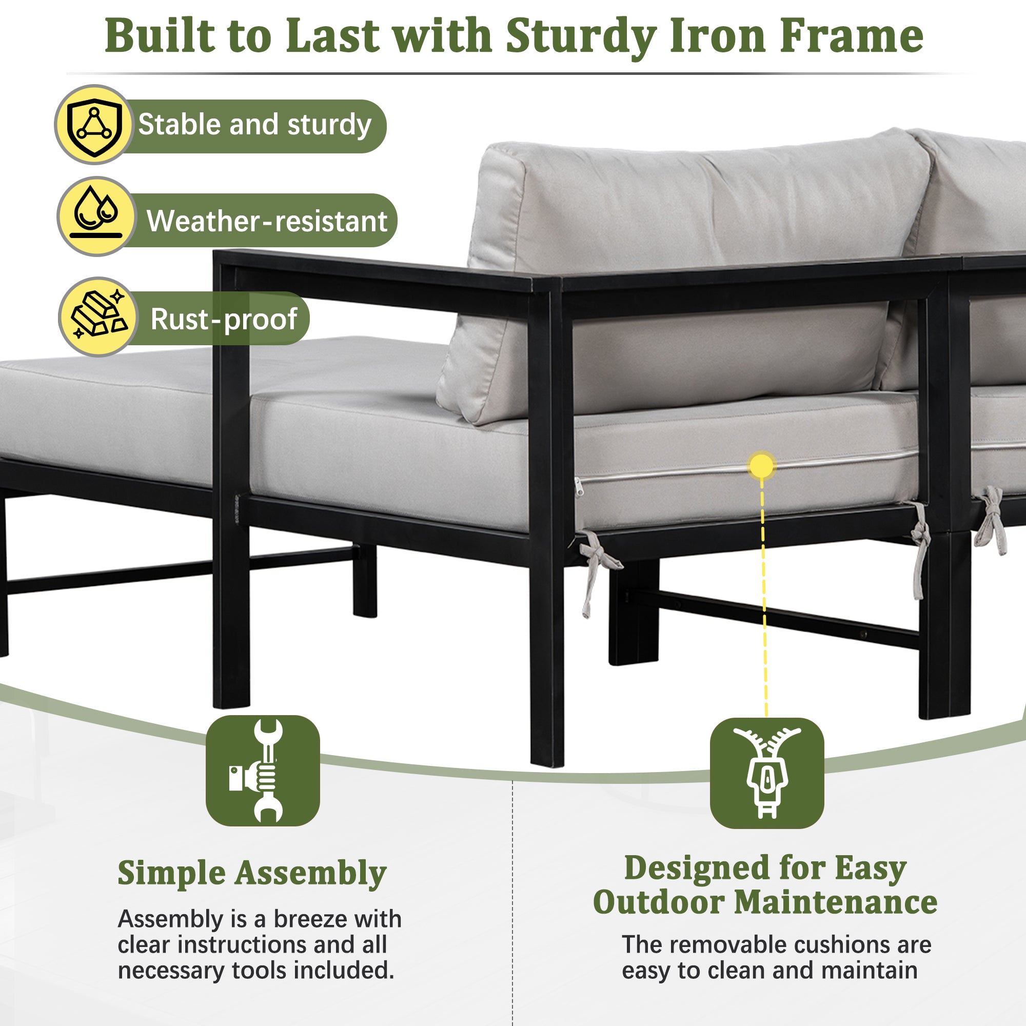 U_style Outdoor L-Shaped Sofa with Iron Frame,Weather-Resistant Patio Sofa Set with Ultra-Thick Cushions,Comfortable Seating for 3,Ideal for Patio, Balcony,and Garden