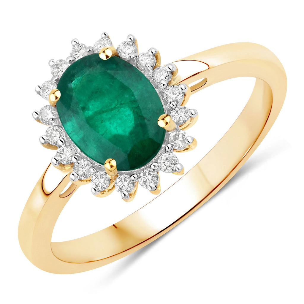 1.34 Carat Genuine Zambian Emerald and White Diamond 14K Yellow Gold Ring