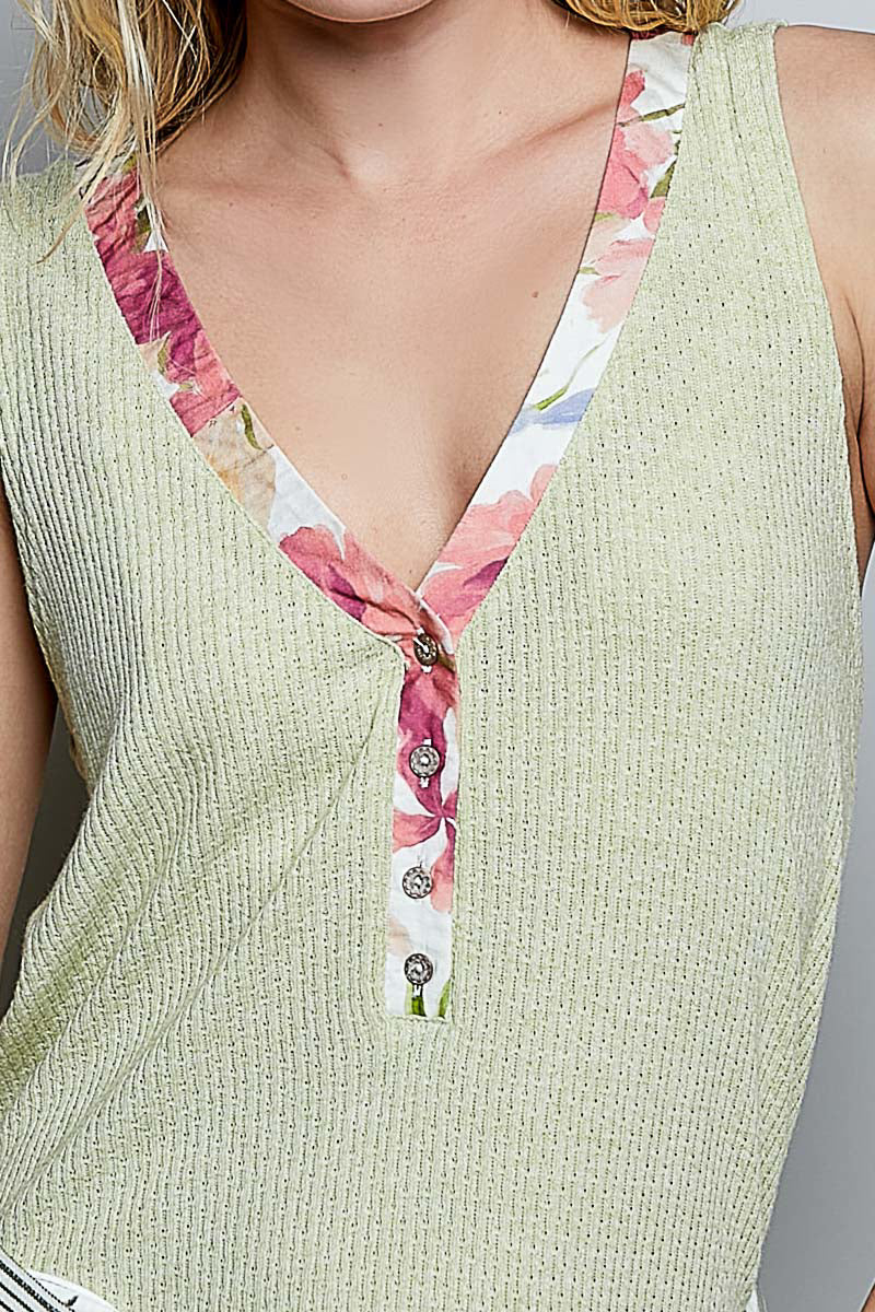 POL Ribbed V-Neck Tank with Contrast Floral Neckband