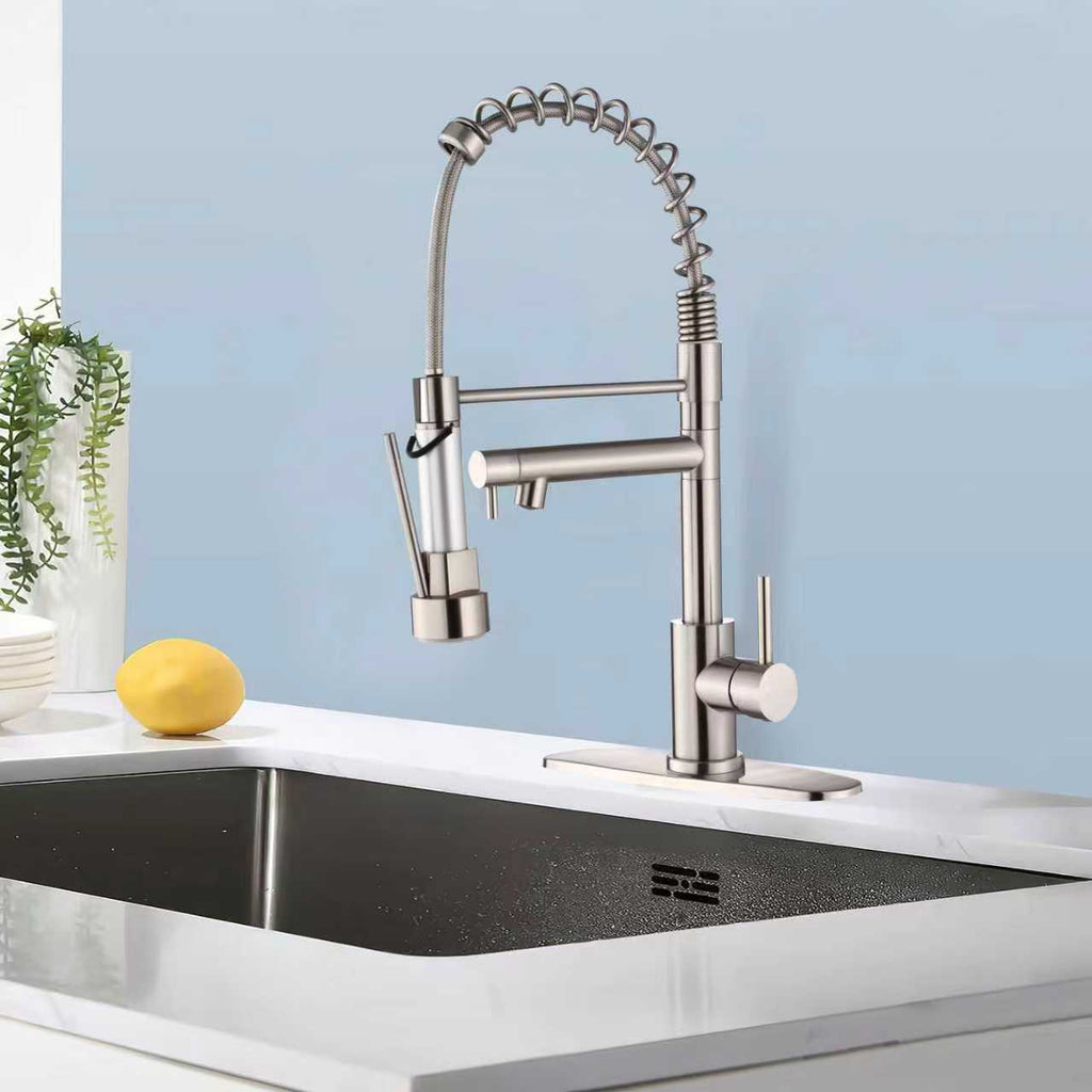 Kitchen Faucet with Pull Down Sprayer, Touch On Single Handle 2- Function Stainless Steel Spring Neck, Single Hole Installation for Residential, Commercial, RV, Bar & More, Brushed Nickel