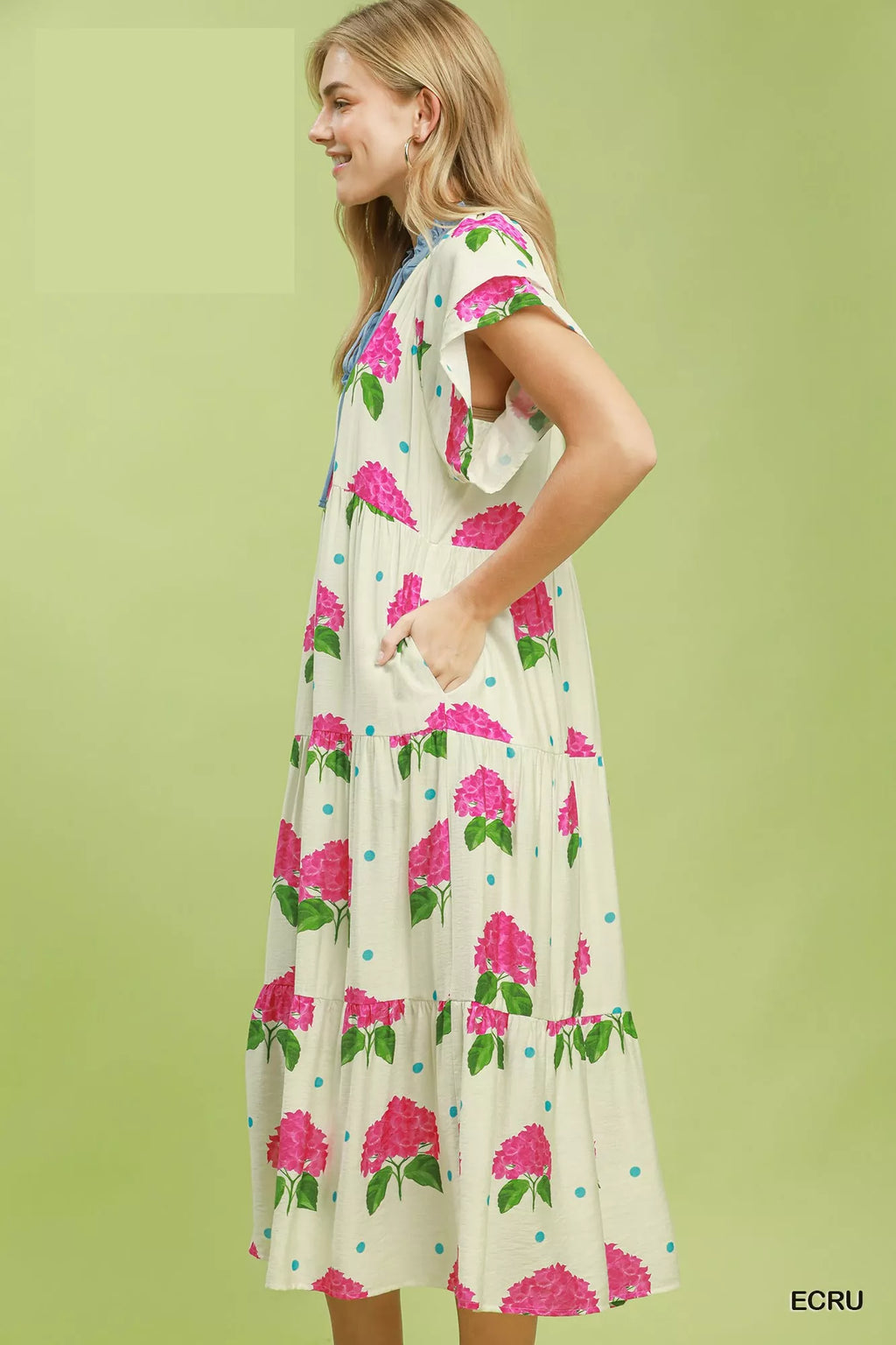 Umgee Hydrangea Print Tiered Midi Dress