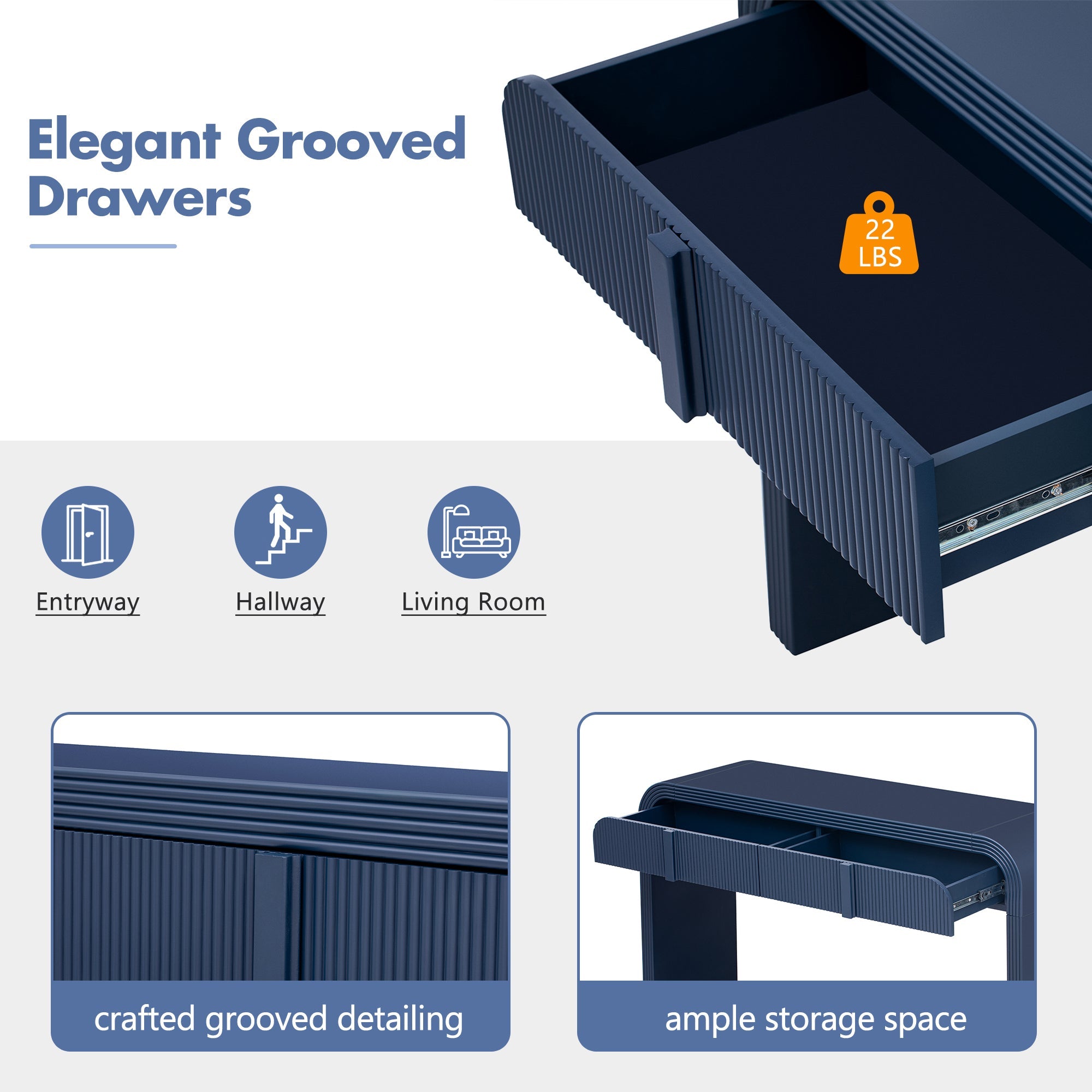 TREXM Modern Console Table with 2 Storage Drawers, Fluted Entryway Table with Rounded Silhouette for Hallway Living Room and Entryway (Navy Blue)