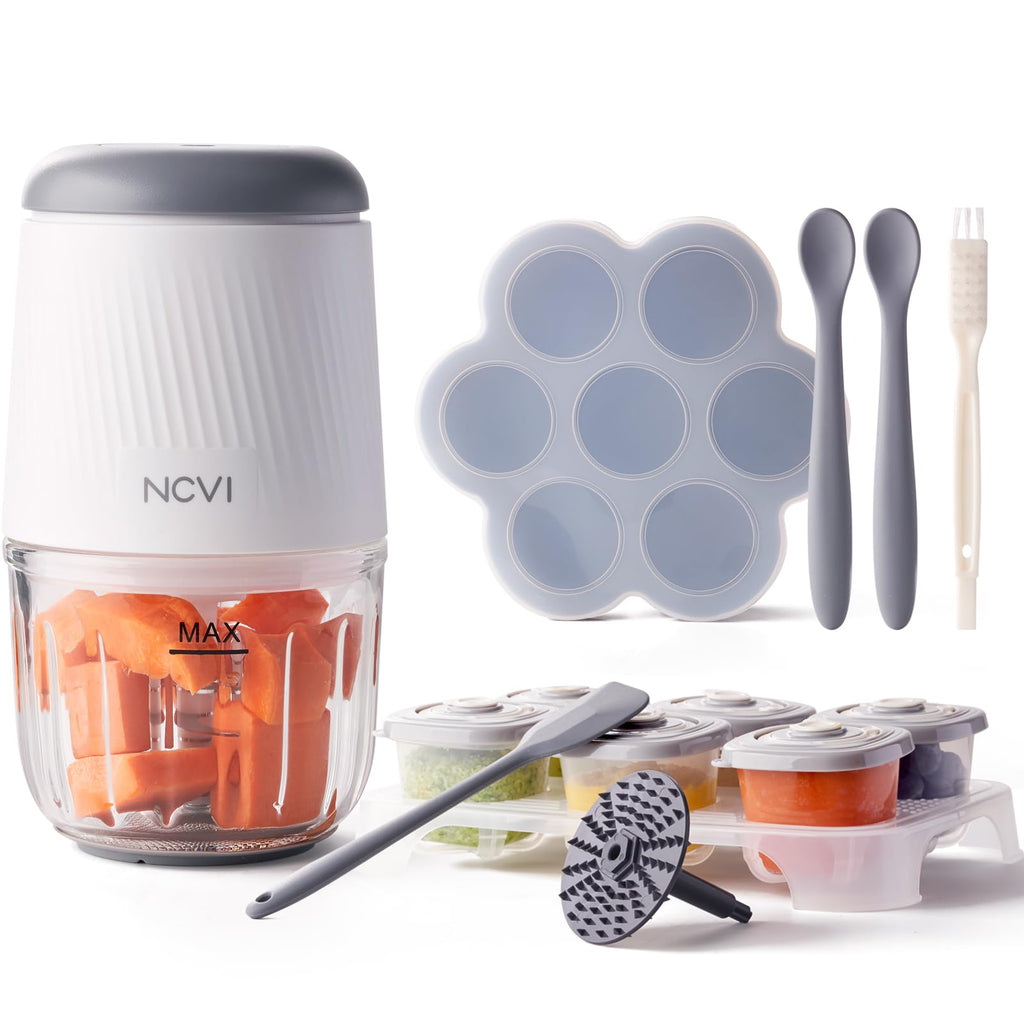 NCVI Puree Baby Food Processor Glass Set Mini Infant Food Maker Blender Machine with 8 Blades and Grinding Disc Small Blender for Baby Food Including Food Containers Silicone Tray and Tableware