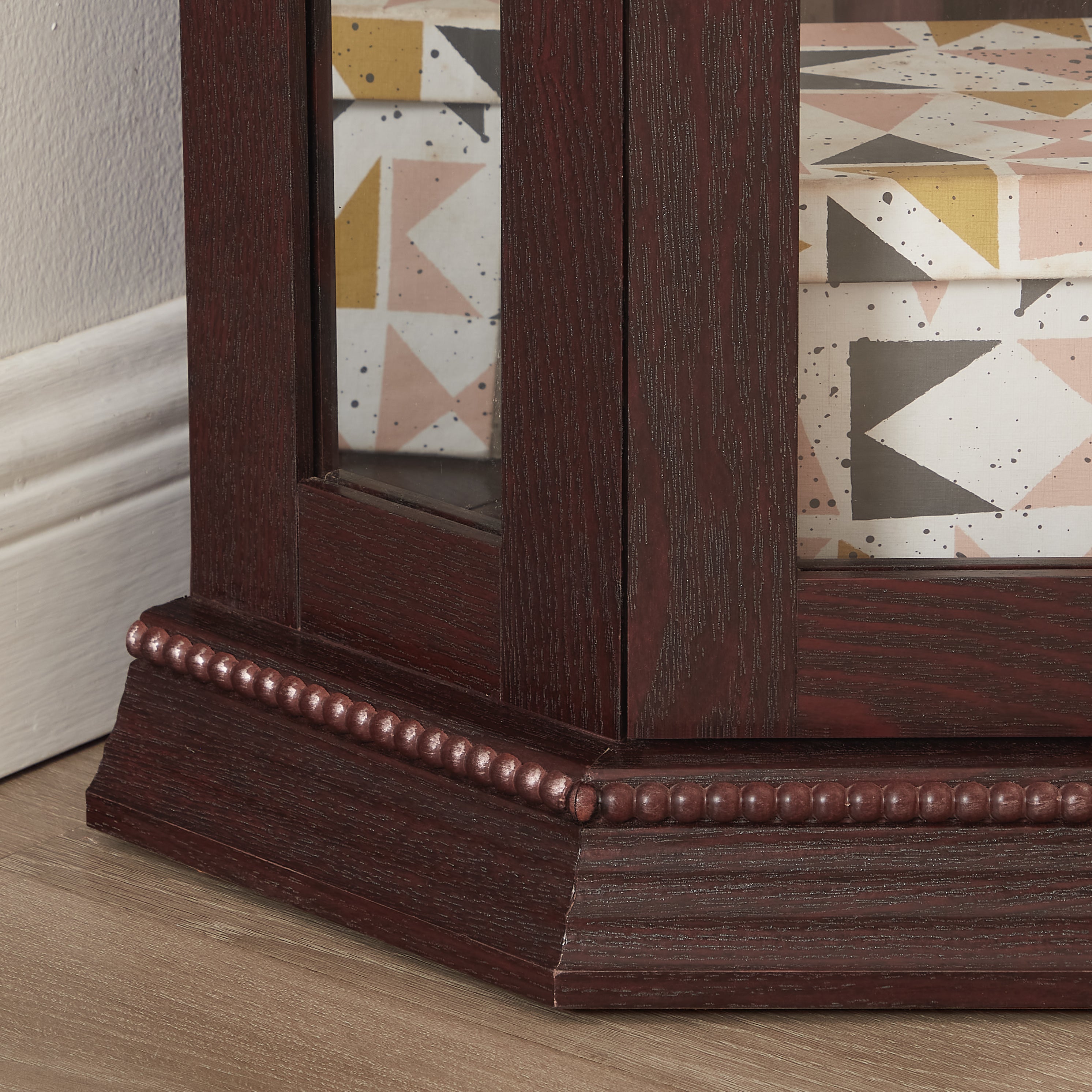 Lighted Corner Curio Cabinet - Glass Display Shelf with Tempered Glass Doors, Adjustable Shelving, and Included Bead Bulb - Ideal Bar Cabinet for Home Decor- DARK CHERRY