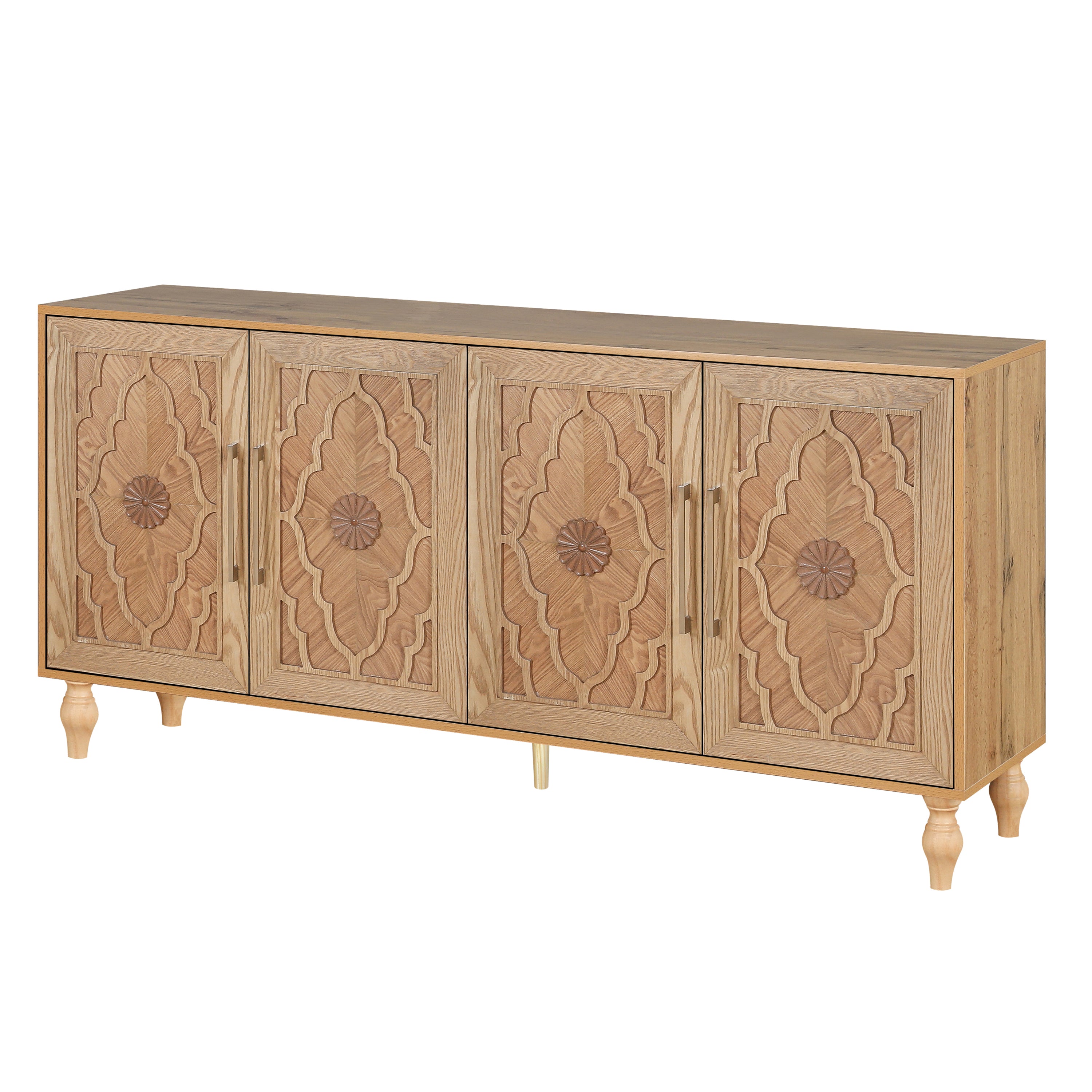 Carved Flower Door Large Storage Cabinet With Metal Handle Suitable For Living Room, Kitchen, Entryway(NATURAL WOOD)