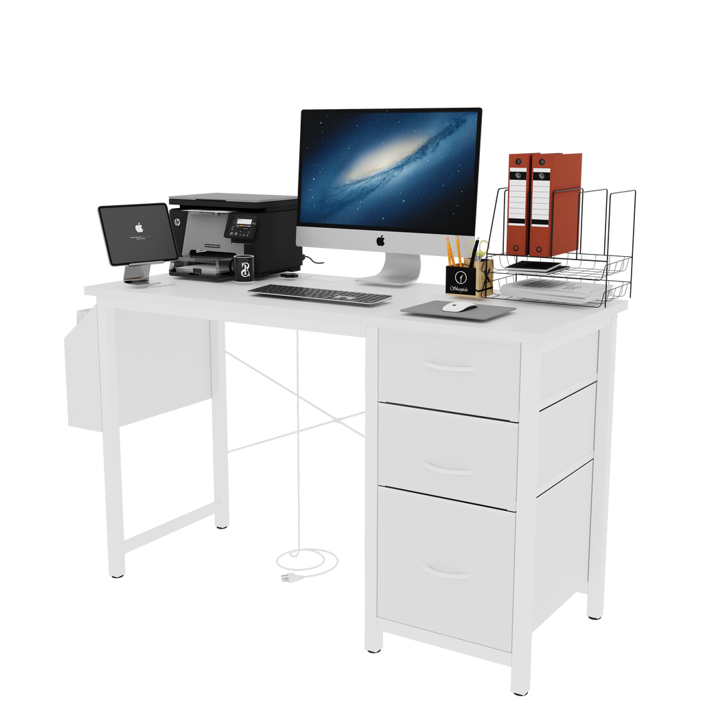 47.3'office desk with power outlet,3 drawers,Side Pocket, Study Desk Easy to Assemble,Frame stability Reversible for home desk, company computer desk, game table,Vanity table, white