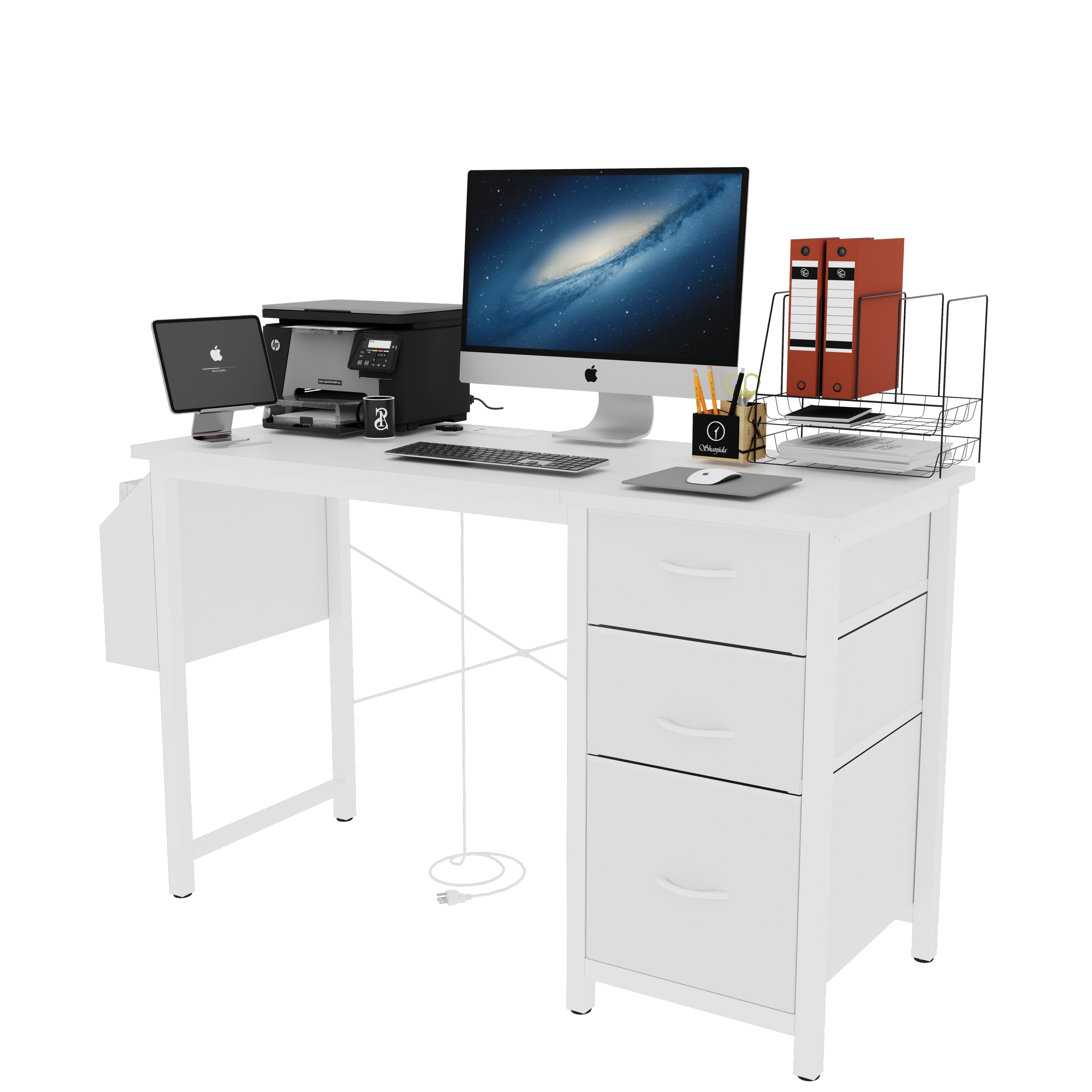 47.3'office desk with power outlet,3 drawers,Side Pocket, Study Desk Easy to Assemble,Frame stability Reversible for home desk, company computer desk, game table,Vanity table, white