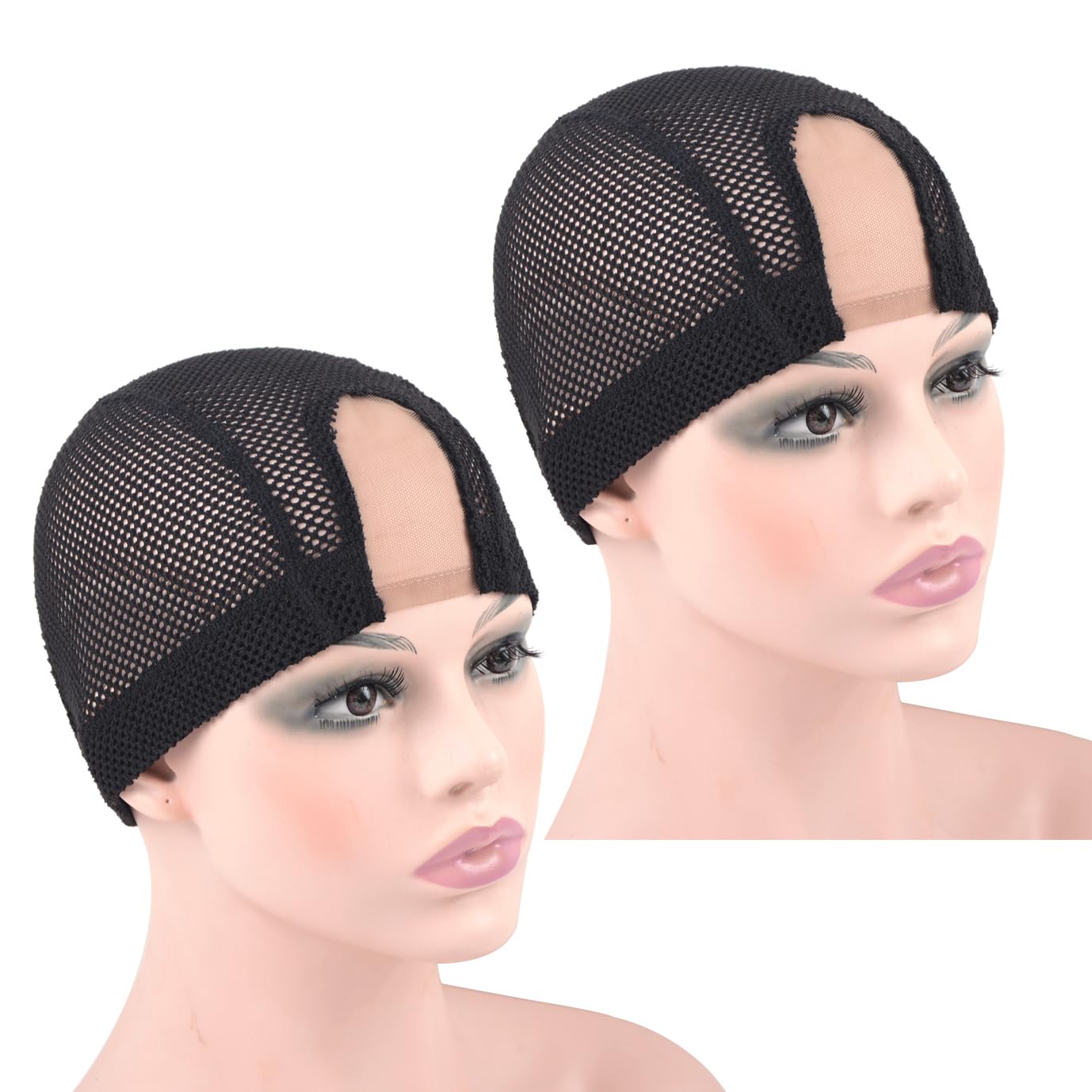 YTBYT 2 Pcs 1.4X3 Inch U Part Wig Cap for Making Wig Lace Wig Cap Dome Mesh Stretch Weaving Wig Caps (Medium Black)