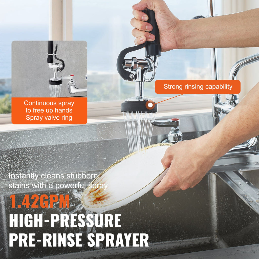 Commercial Faucet with Pre-Rinse Sprayer, 21' Height, 8' Center, 12' Swing Spout, Wall Mount Kitchen Sink Faucet, Brass Constructed Device with Pull Down Spray, for 1/2/3 Compartment Sink