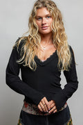 POL V-Neck Long Sleeve Ribbed Top with Lace-Accent Neckband