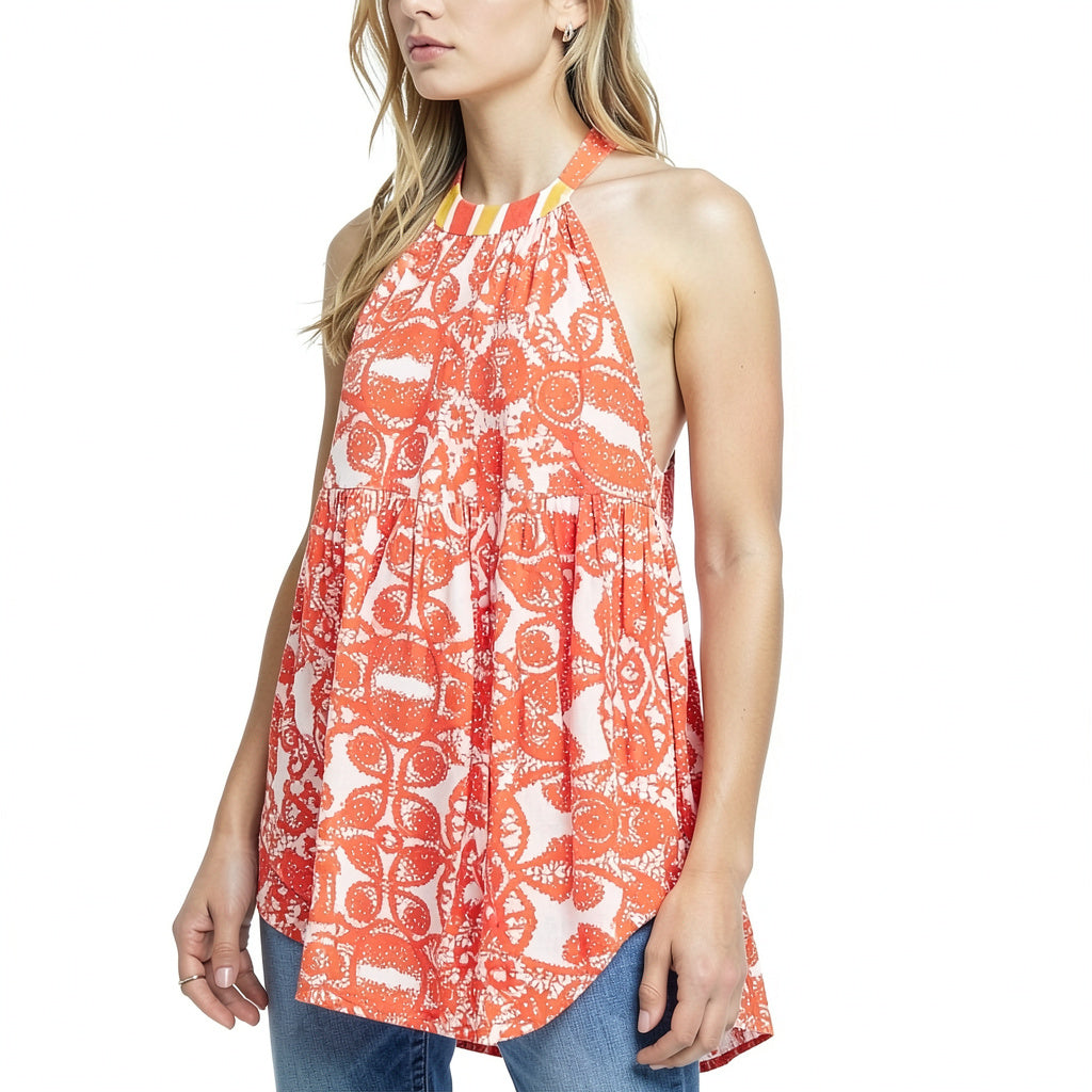 Free People Womens Top Orange Halter Colorblock Tunic, Size XS