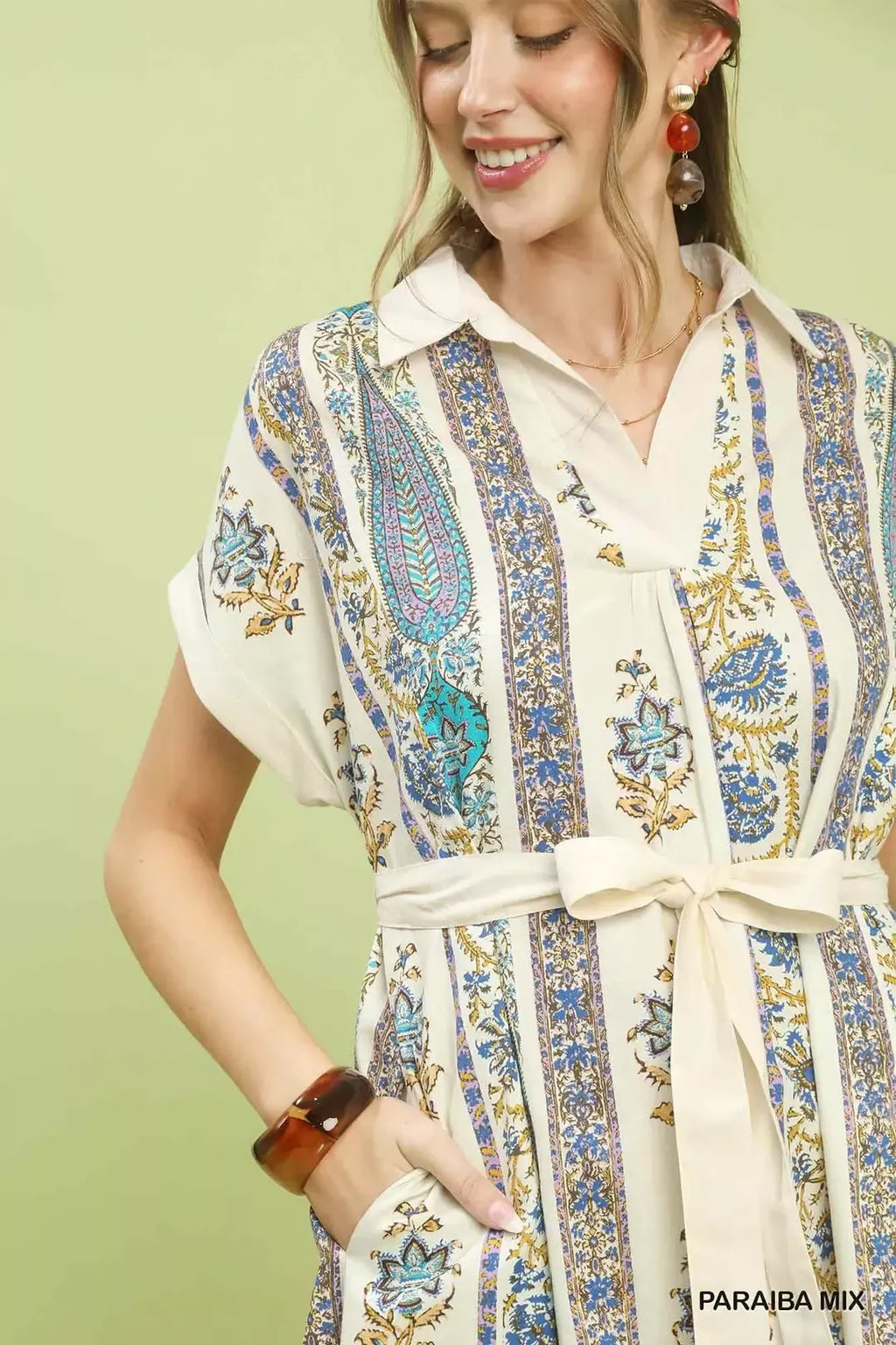 Umgee Vertical Print Tie Waist Midi Dress