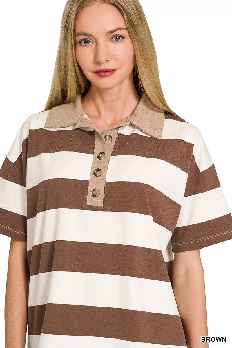 Zenana Striped Collared Polo Top