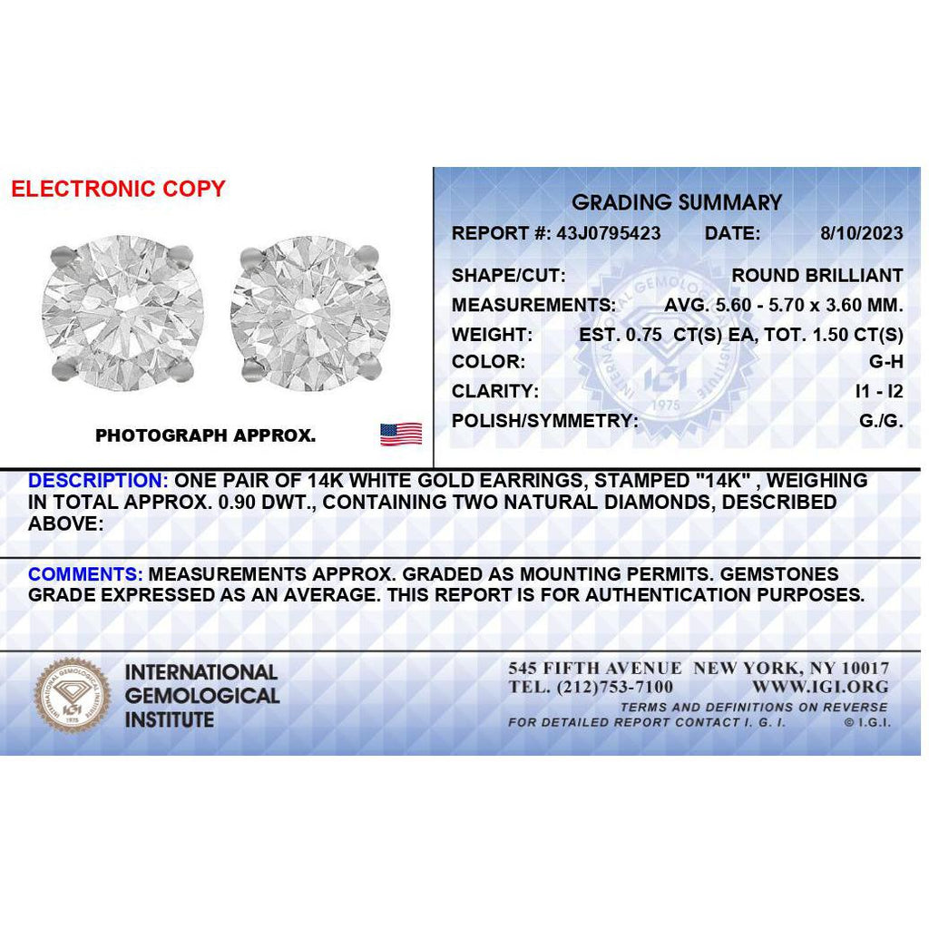 IGI Certified 14K White Gold 1 1/2 Cttw Round Diamond Solitaire Stud Earrings with Screwbacks (G-H Color, I1-I2 Clarity)