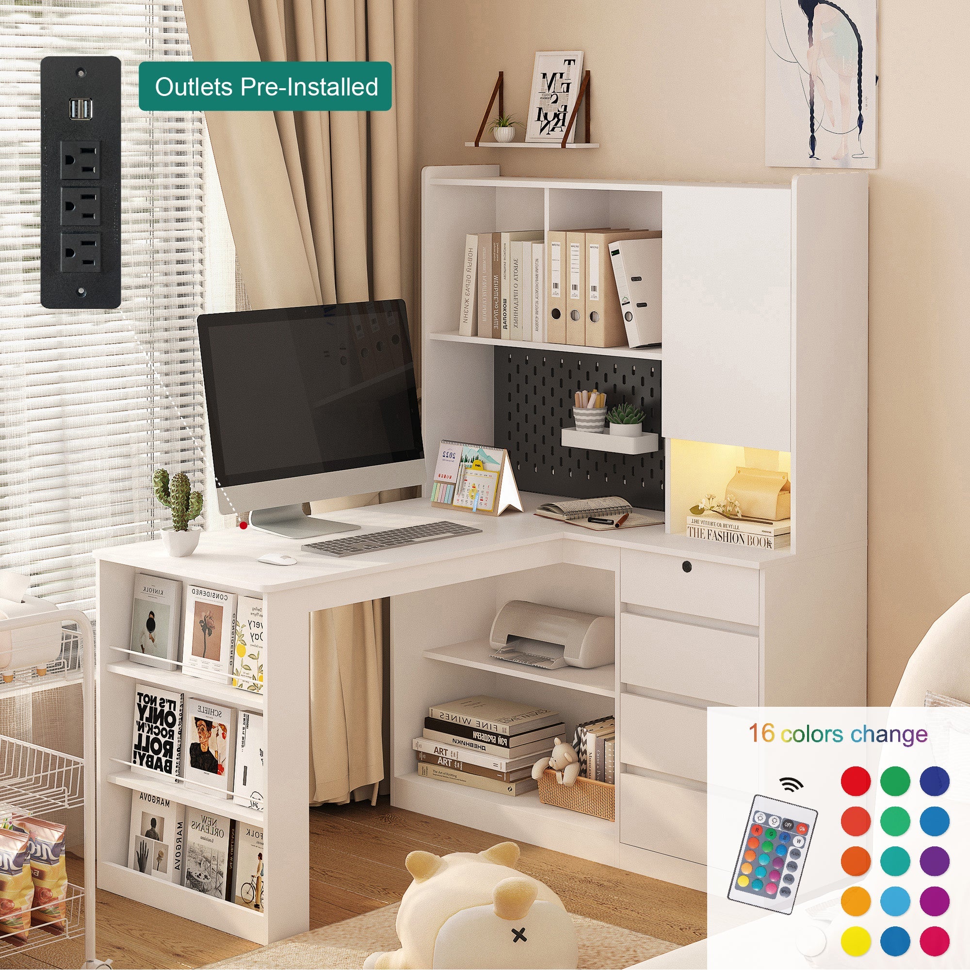L Shaped Desk with Charger,Computer Desk with Drawers,Bookshelf, with LED Light,Modern Corner Desk,Home Office Desk,L-Shaped Study Table Writing Desk,Corner Gaming Computer Desk with Storage