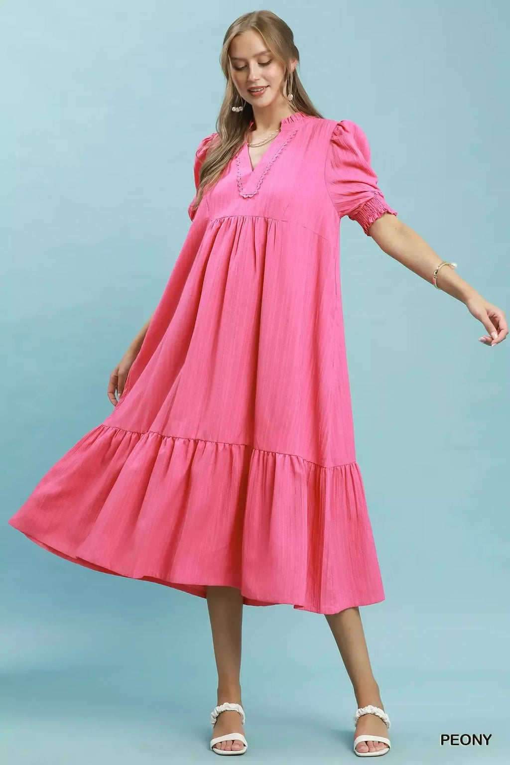 Umgee Textured Puff Sleeve Midi Dress