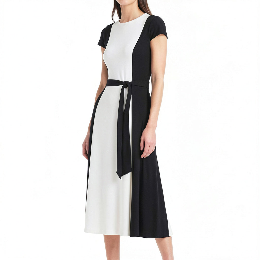 Lauren Ralph Lauren Belted two -tone Jersey Dress, 2/Black/White