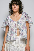 POL Lace Detail Floral Tie Front Ruffle Short Sleeve Blouse
