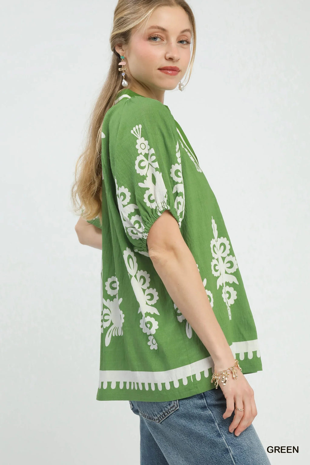 Umgee Boho Print Split-Neck Short Sleeve Top