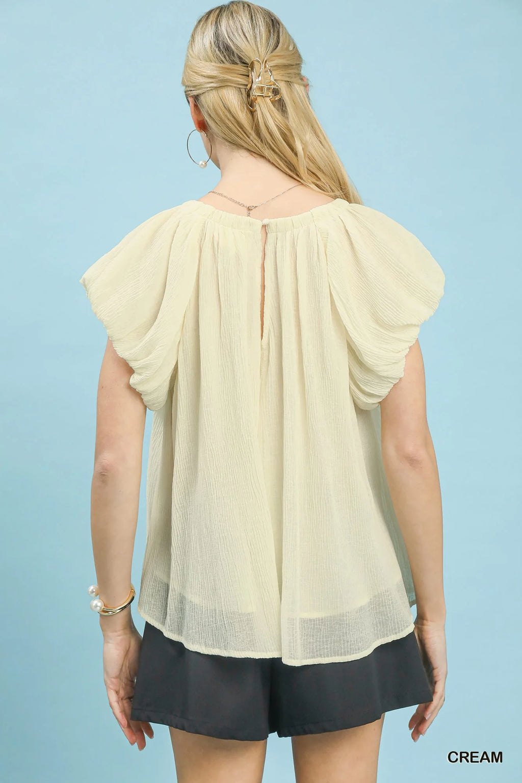 Umgee Crinkle Flutter Sleeve Peasant Top