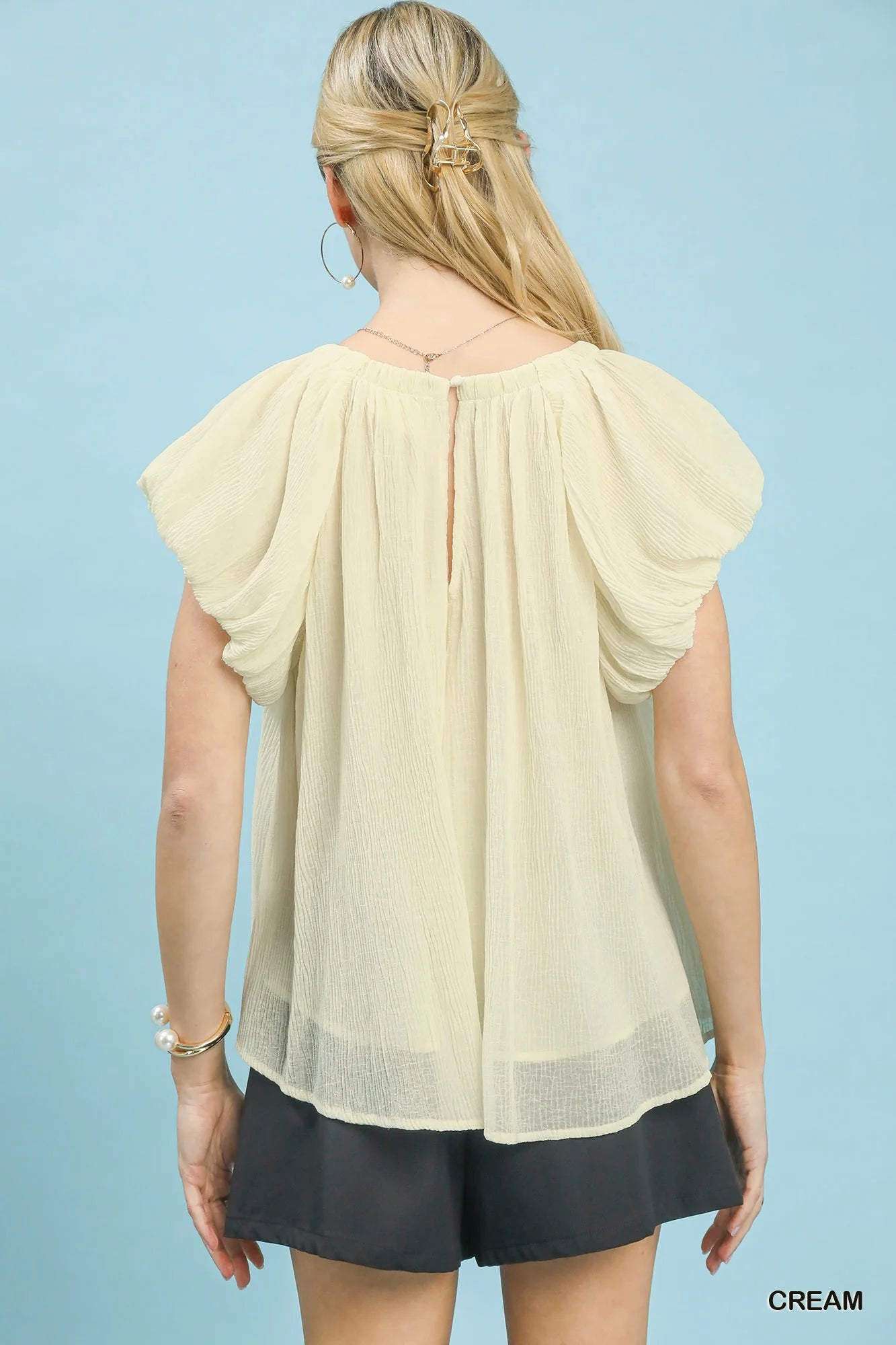 Umgee Crinkle Flutter Sleeve Peasant Top