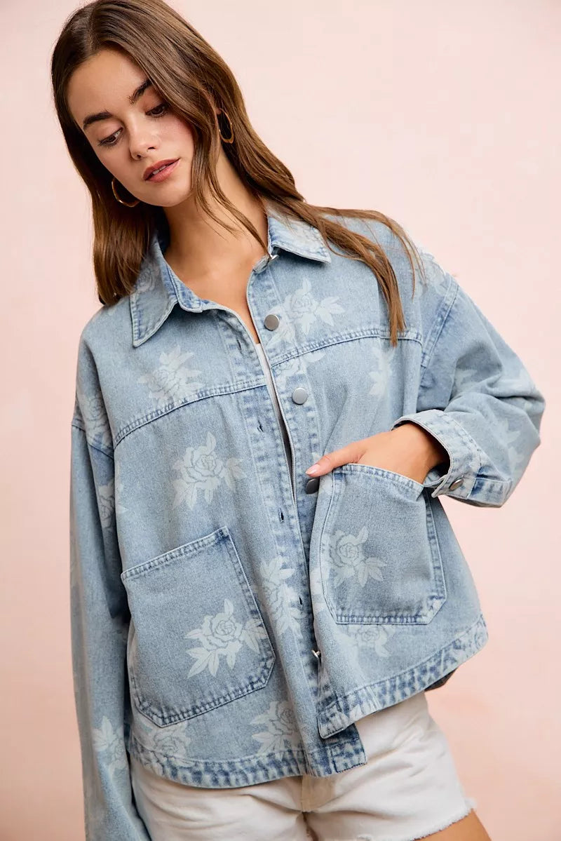 BiBi Printed Washed Denim Jacket With Pocket