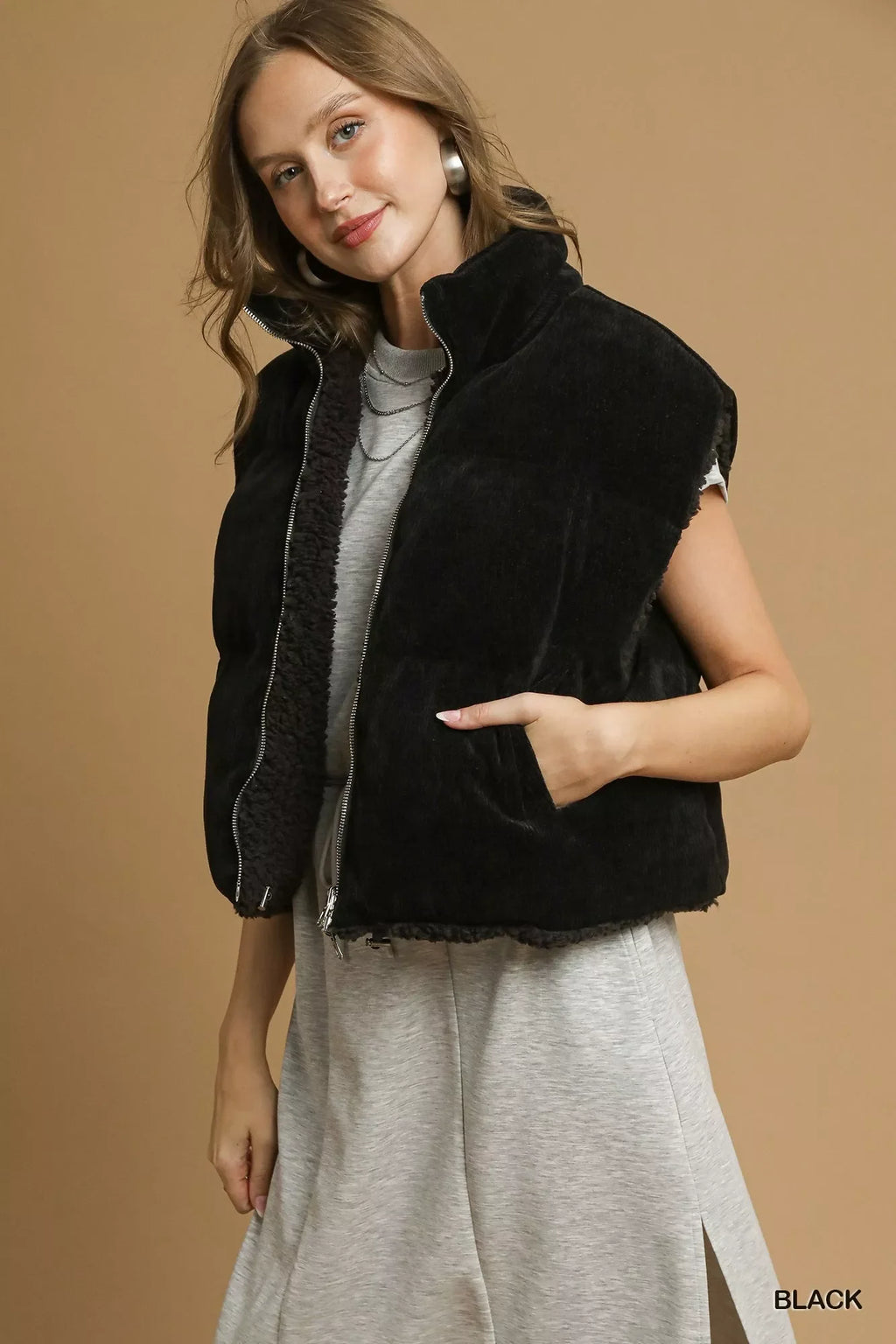 Umgee Sherpa-Lined Zip Vest with Drawstring Hem
