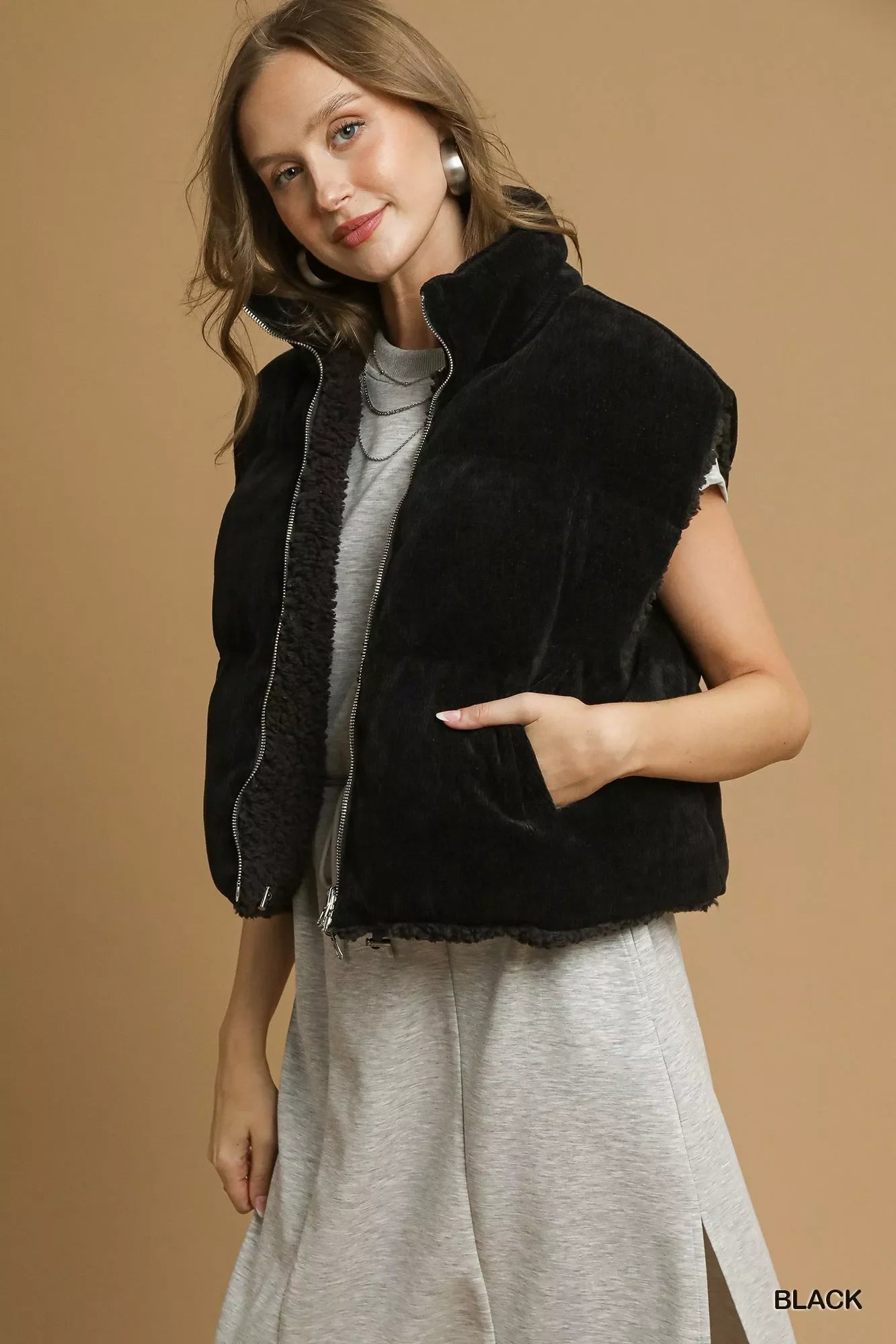 Umgee Sherpa-Lined Zip Vest with Drawstring Hem