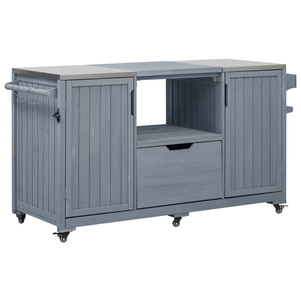 K&K 66.5' Outdoor Kitchen Island for Big Green Egg Grills, Solid Wood Outdoor Grill Cart for Tabletop Grill with Stainless Steel Top, Drawer, Compatible with Large Big Green Egg, Kamado Joe- Grey Blue