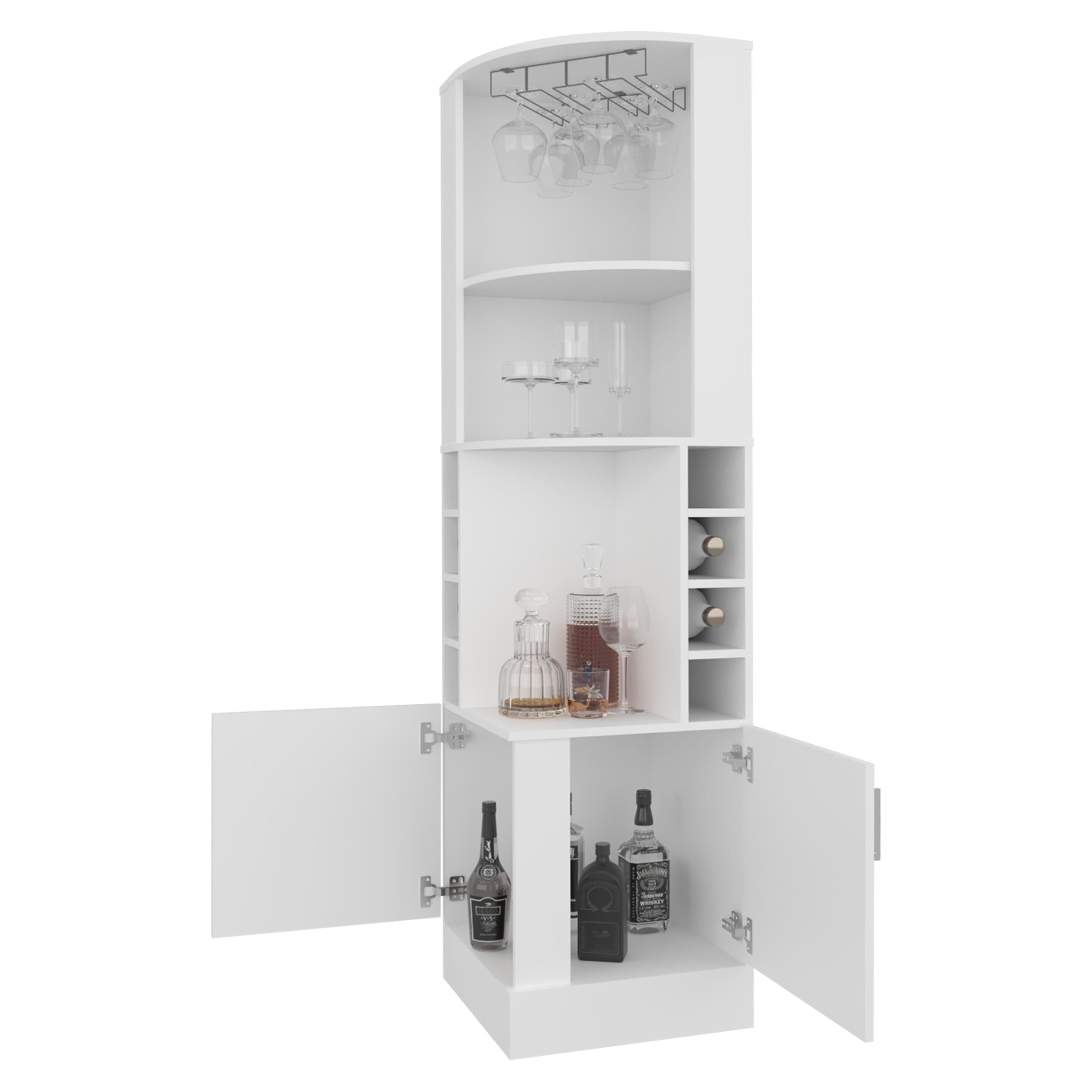 FM FURNITURE Page Corner Bar Cabinet with Wine Storage and Glass Rack. White