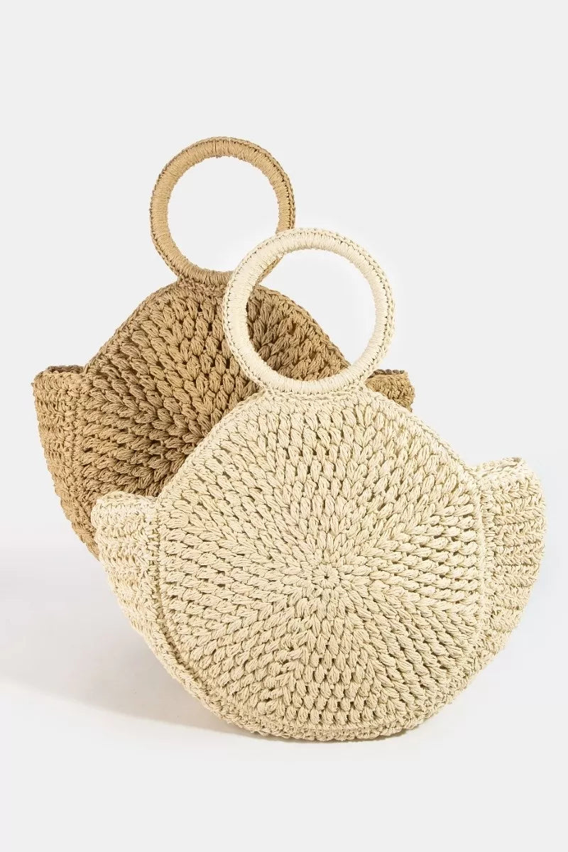 Fame Circle Handle Circle Straw Braided Hand Bag