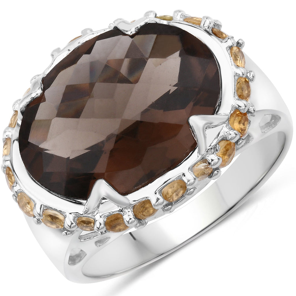 9.58 Carat Genuine Smoky Quartz and Citrine .925 Sterling Silver Ring