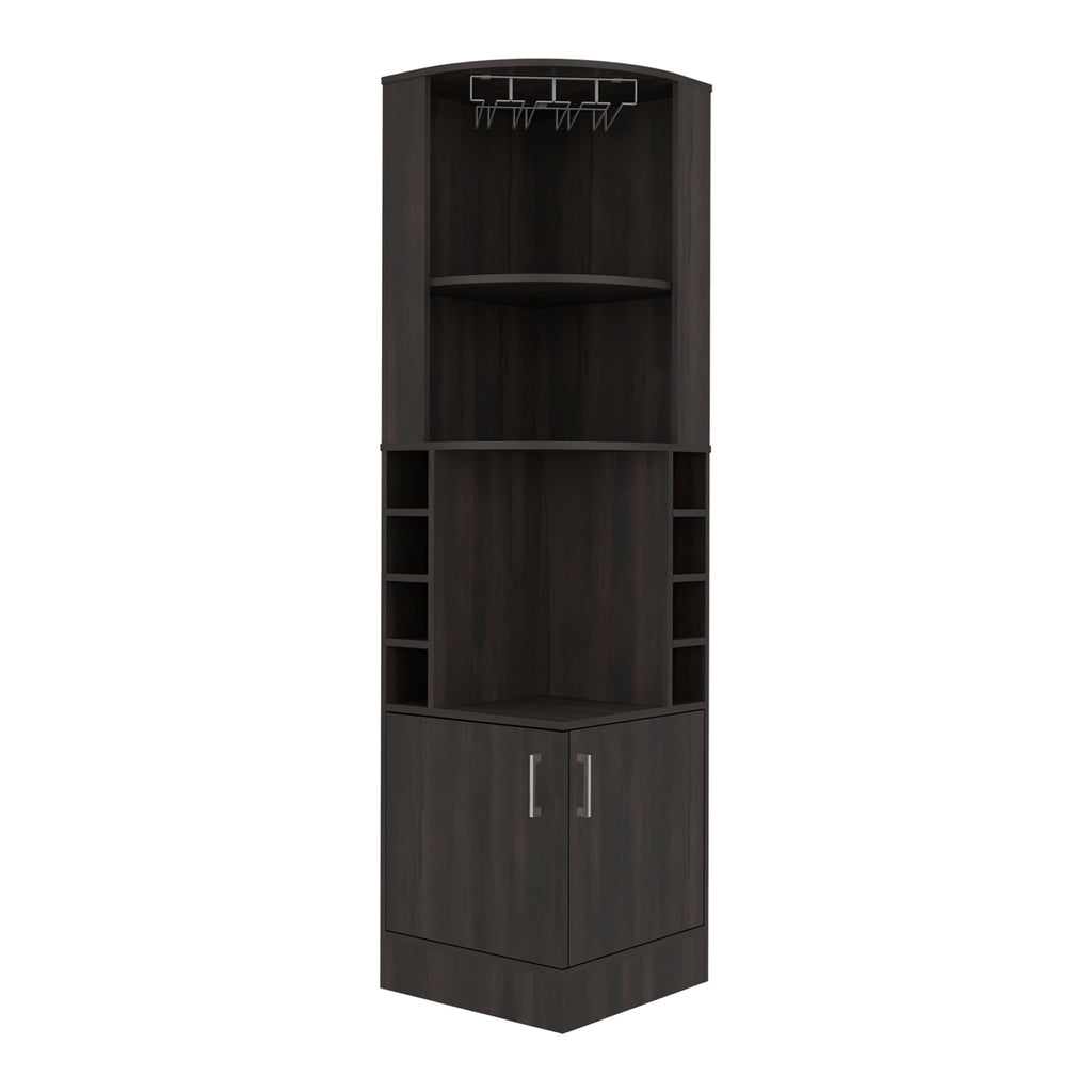 Cairo Corner Bar Cabinet with Double Door Cabinet, Glass Rack, Eight Built-in Wine Rack, Dark Walnut