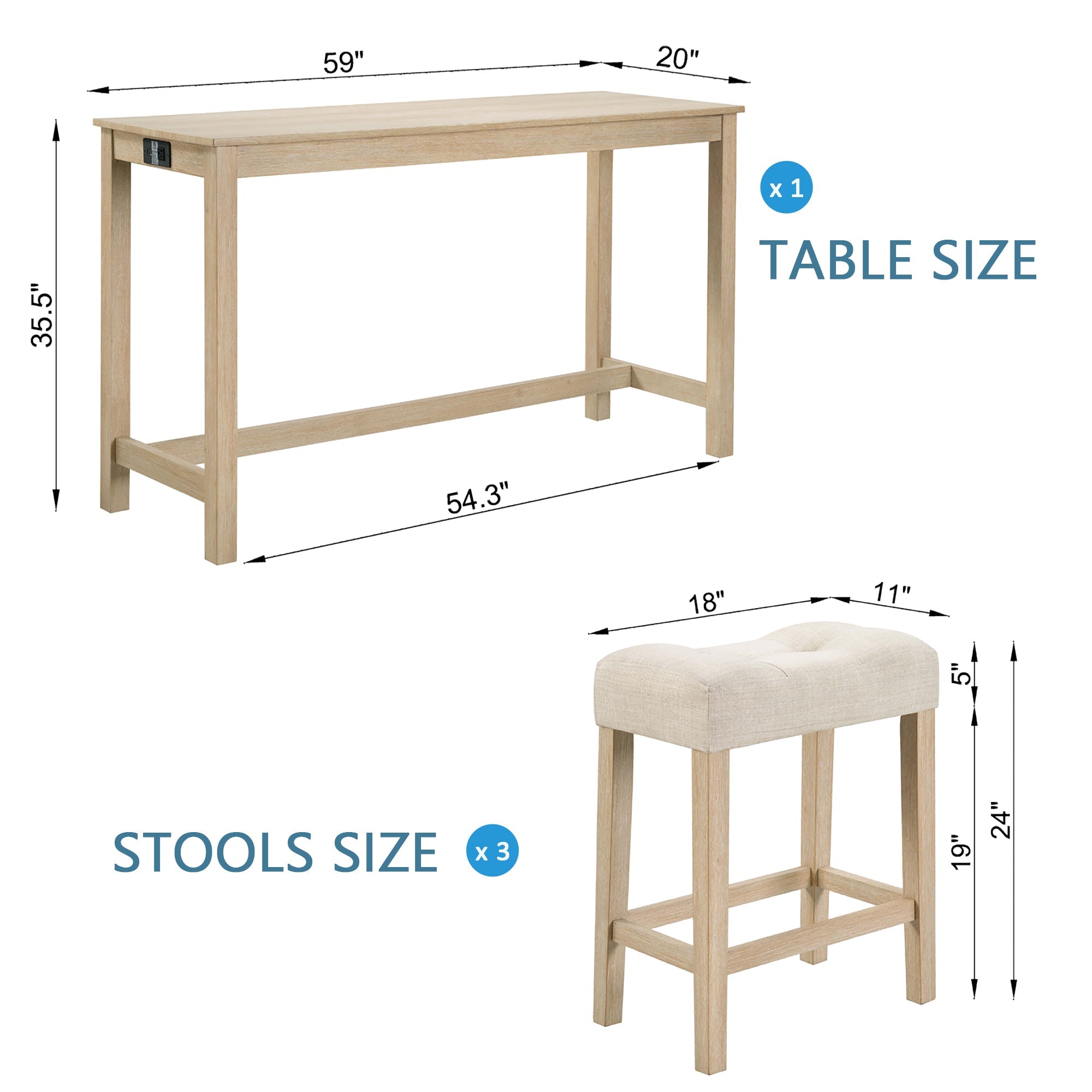 4 Piece Bar Table Set with Power Outlet,Bar Table Set with Chairs,Sofa Bar Table with Stools,Behind Couch Table with 3 Padded Stools for Living Room,Dining room, Light Oak