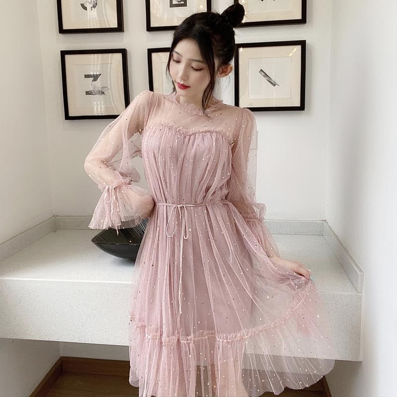 2020 Fall Winter New Women's Pleated Dress with Tulle