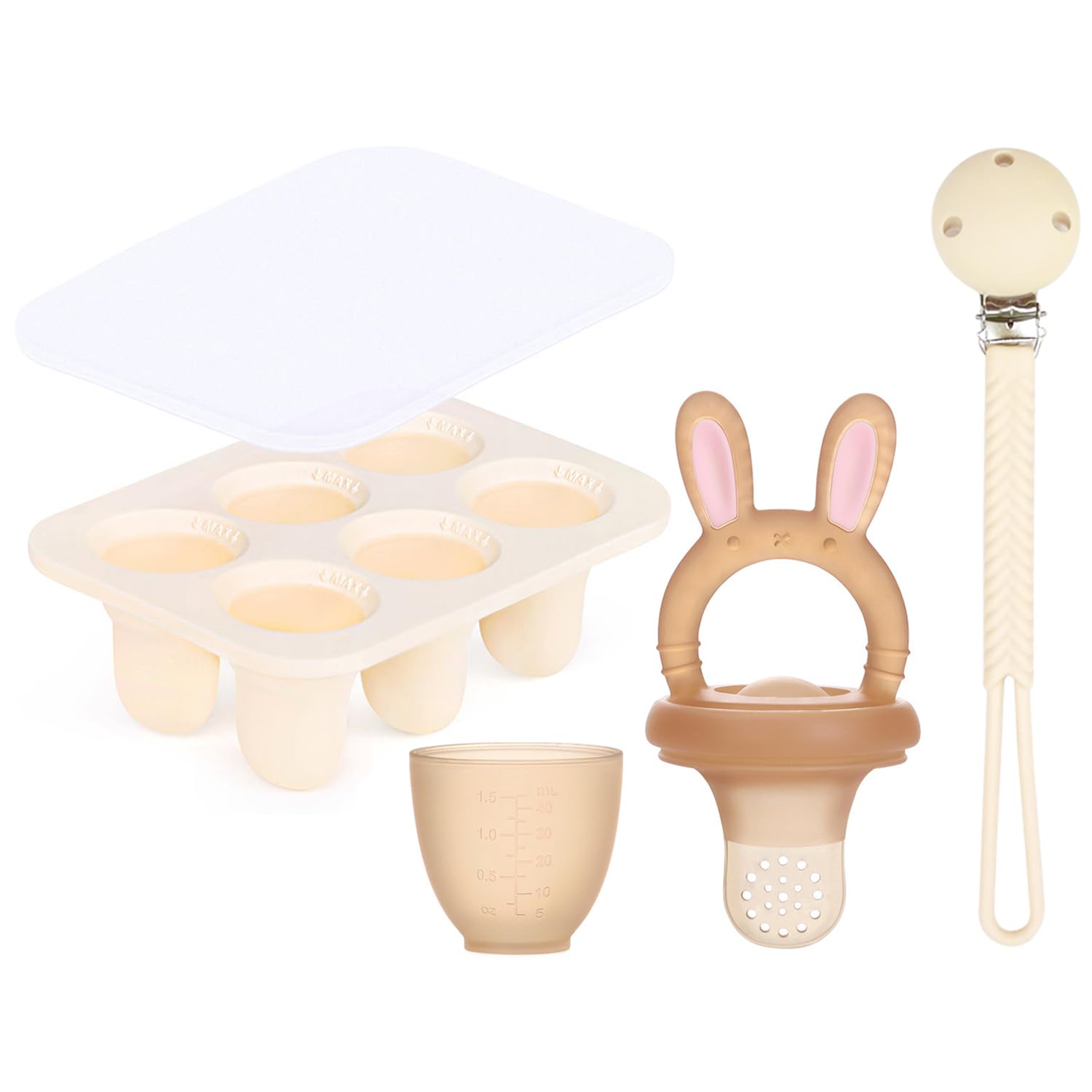 Gofeel Baby Fruit Feeder Set BPA Free Baby Food Feeder Food Grade Silicone Feeder for Baby with Freezer Tray and Pacifier Chain (Brown Rabbit)