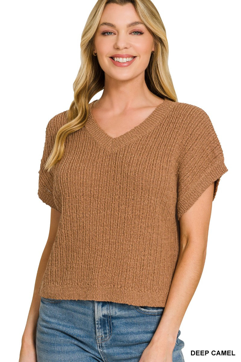 Zenana Textured Knit V-Neck Cropped Sweater