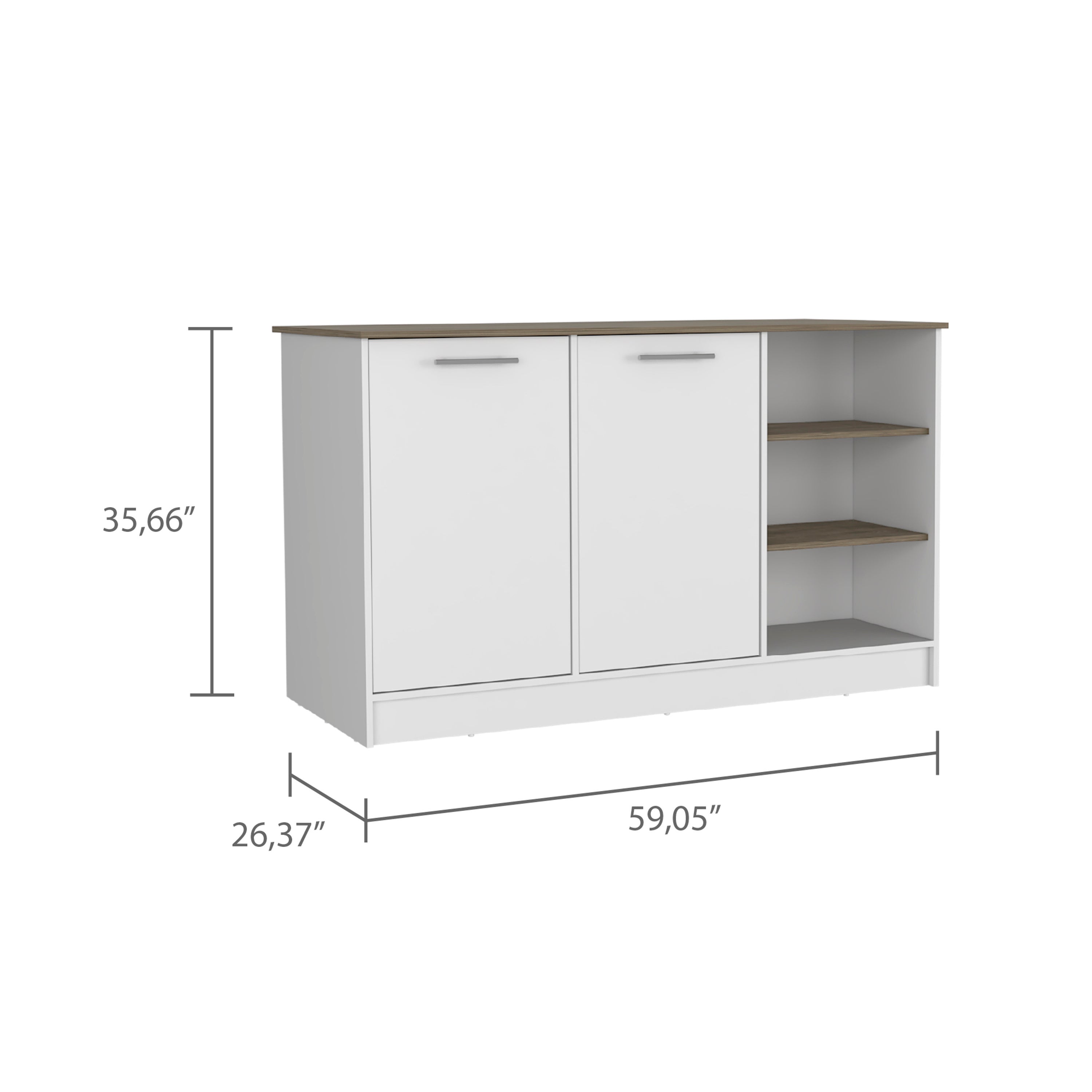 Kitchen Island Two Cabinets, Three Open Shelves, White / Dark Brown
