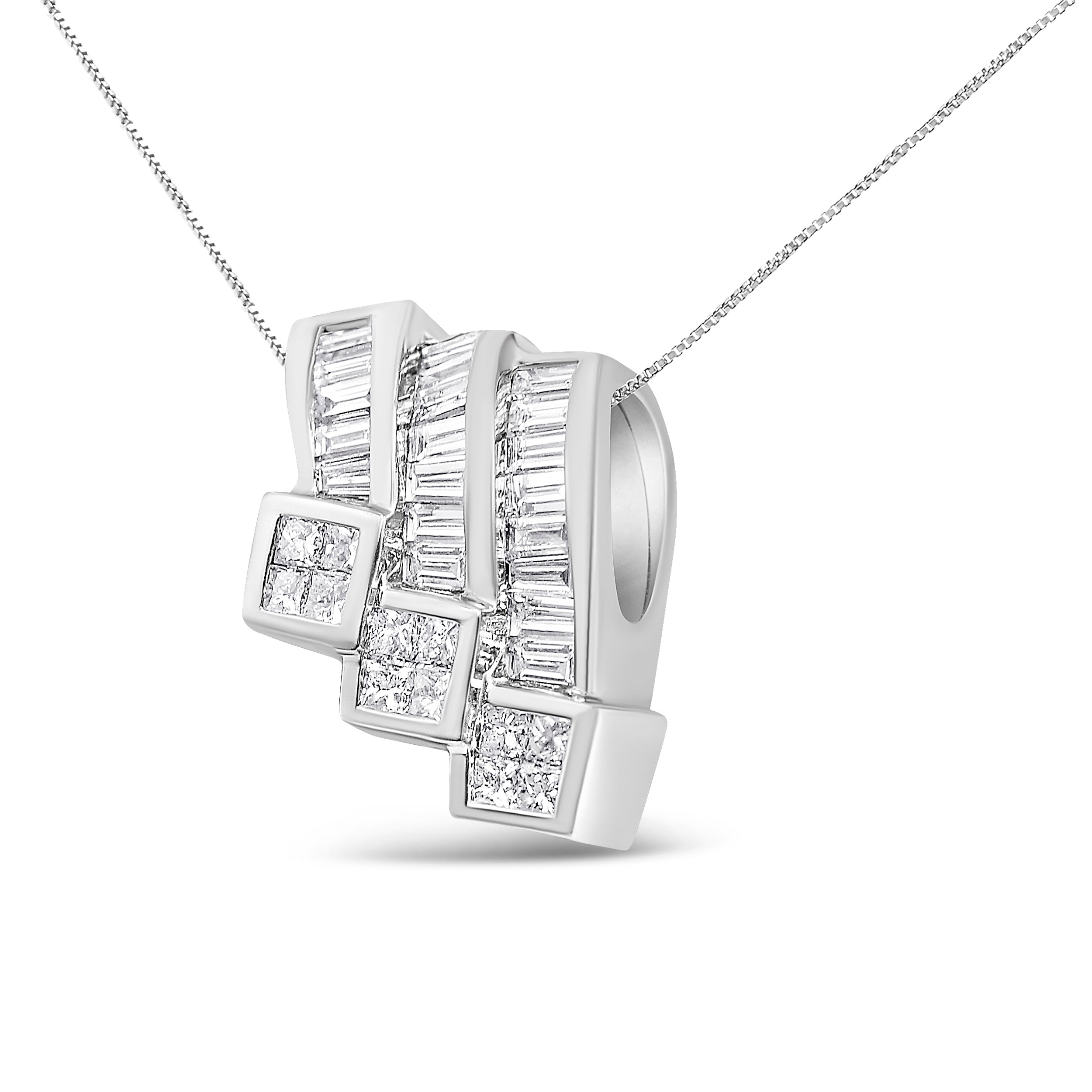 14K White Gold 1 1/2 Cttw Invisible Set Princess and Channel Set Baguette-cut Diamond Triple Curve Pendant Necklace (G-H Color, SI1-SI2 Clarity) - NO CHAIN INCLUDED